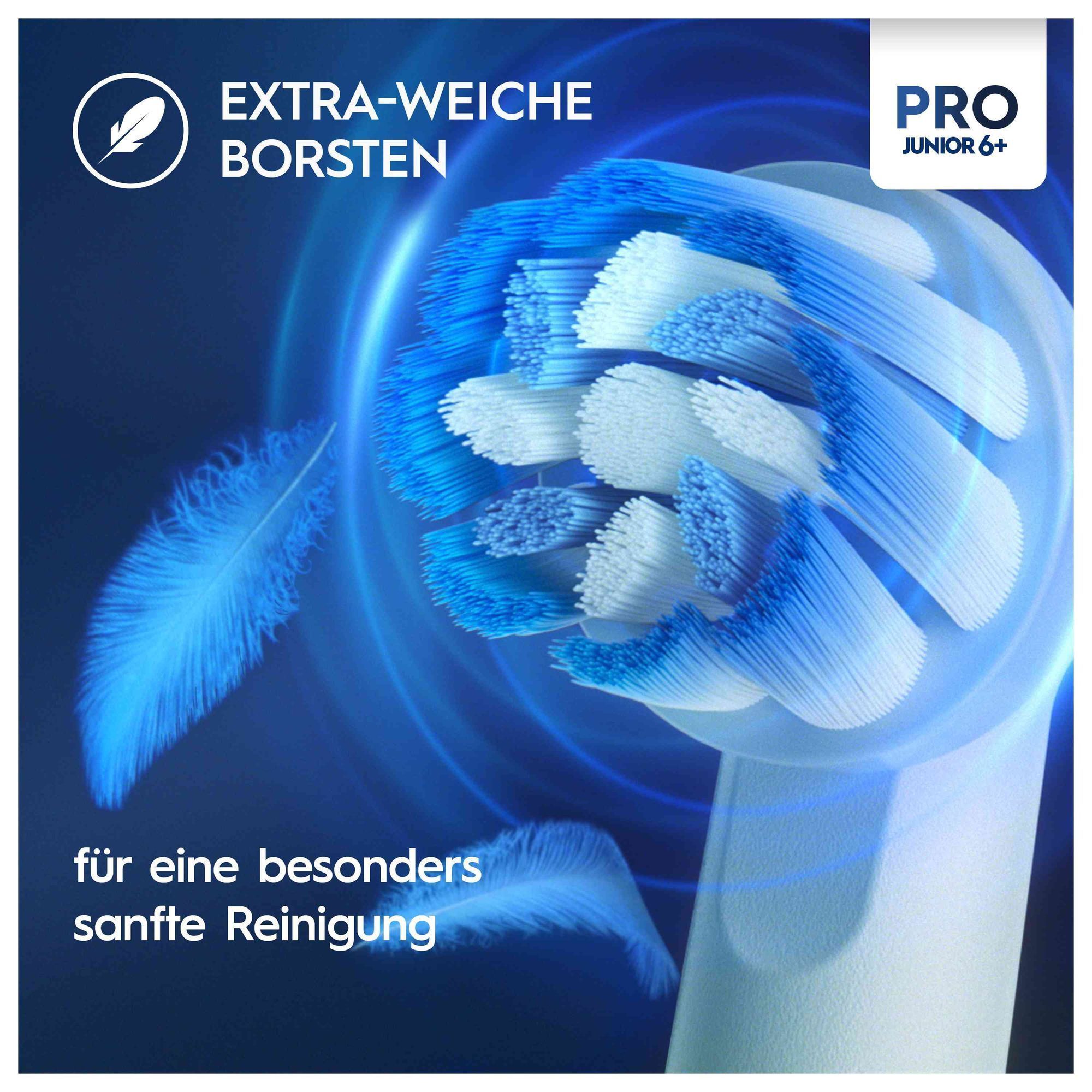 Oral-B Pro Junior Aufsteckbürste: Extra-weiche Borsten für sanfte Reinigung, dargestellt mit Federn.