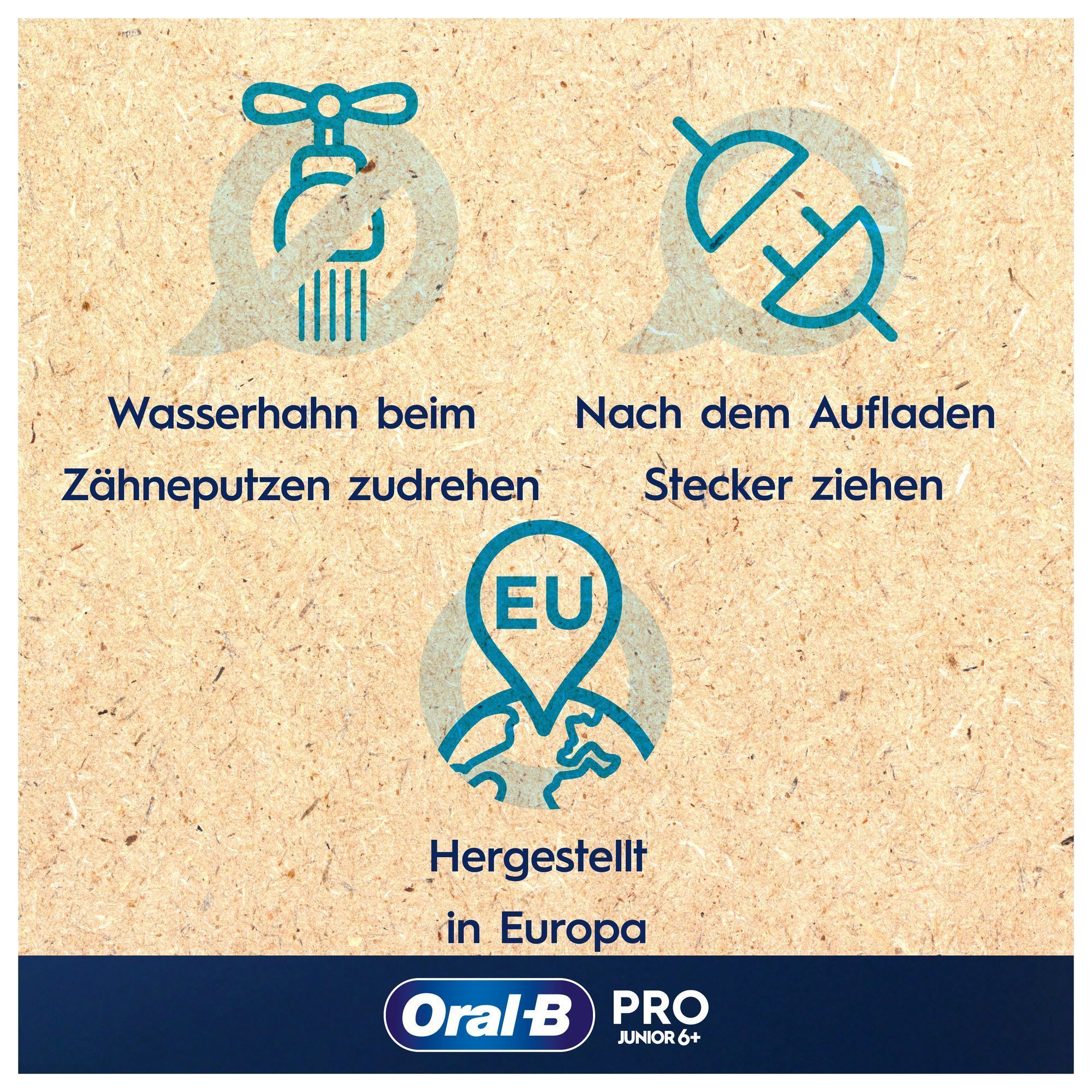 Oral-B Pro: Illustrationen, die zeigen, wie man beim Zähneputzen Wasser spart und nach dem Aufladen den Stecker zieht; hergestellt in Europa.