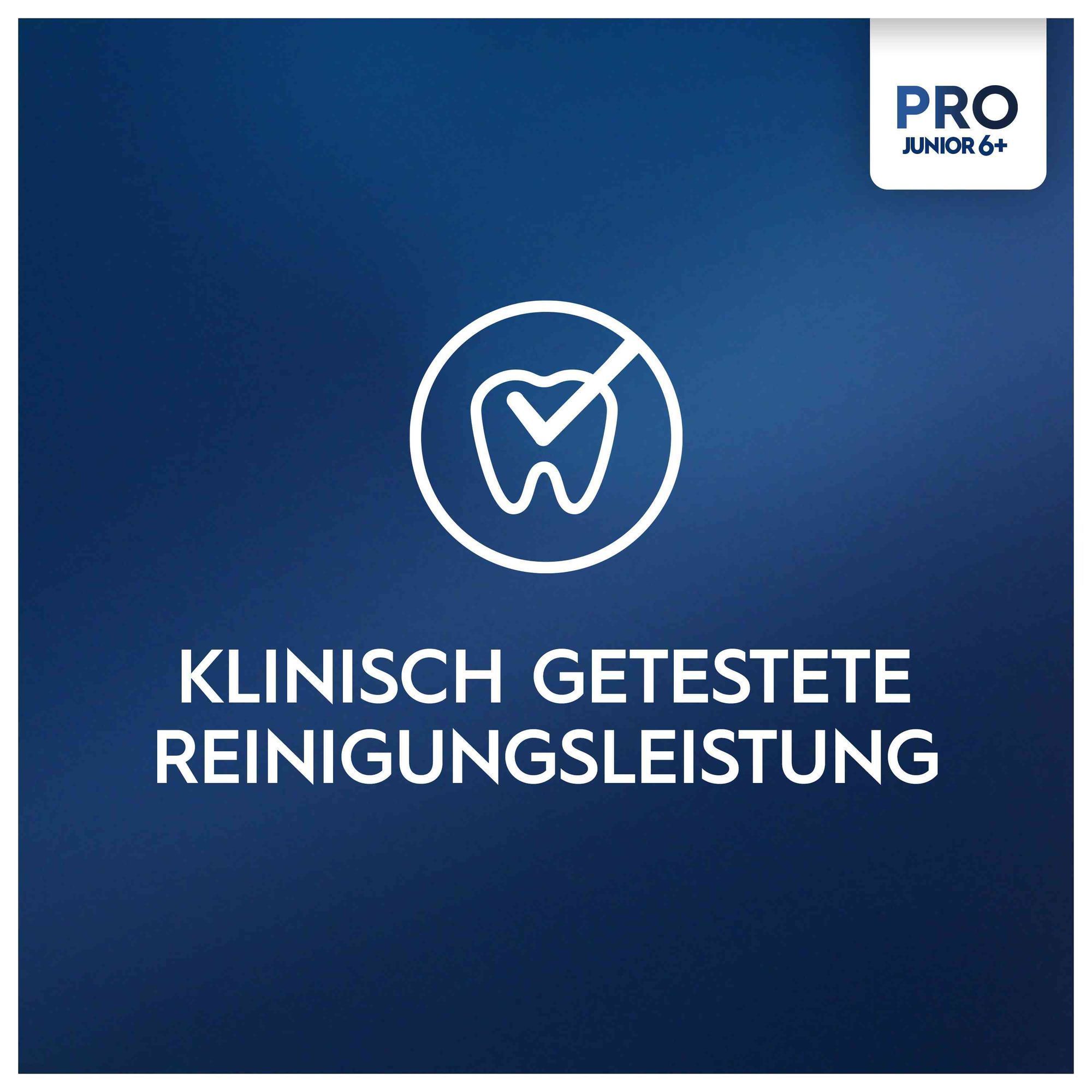 Eine Zahnbild-Ikone mit Häkchen visualisiert die klinisch getestete Reinigungsleistung der Oral-B Pro Junior 6+ Zahnbürste.