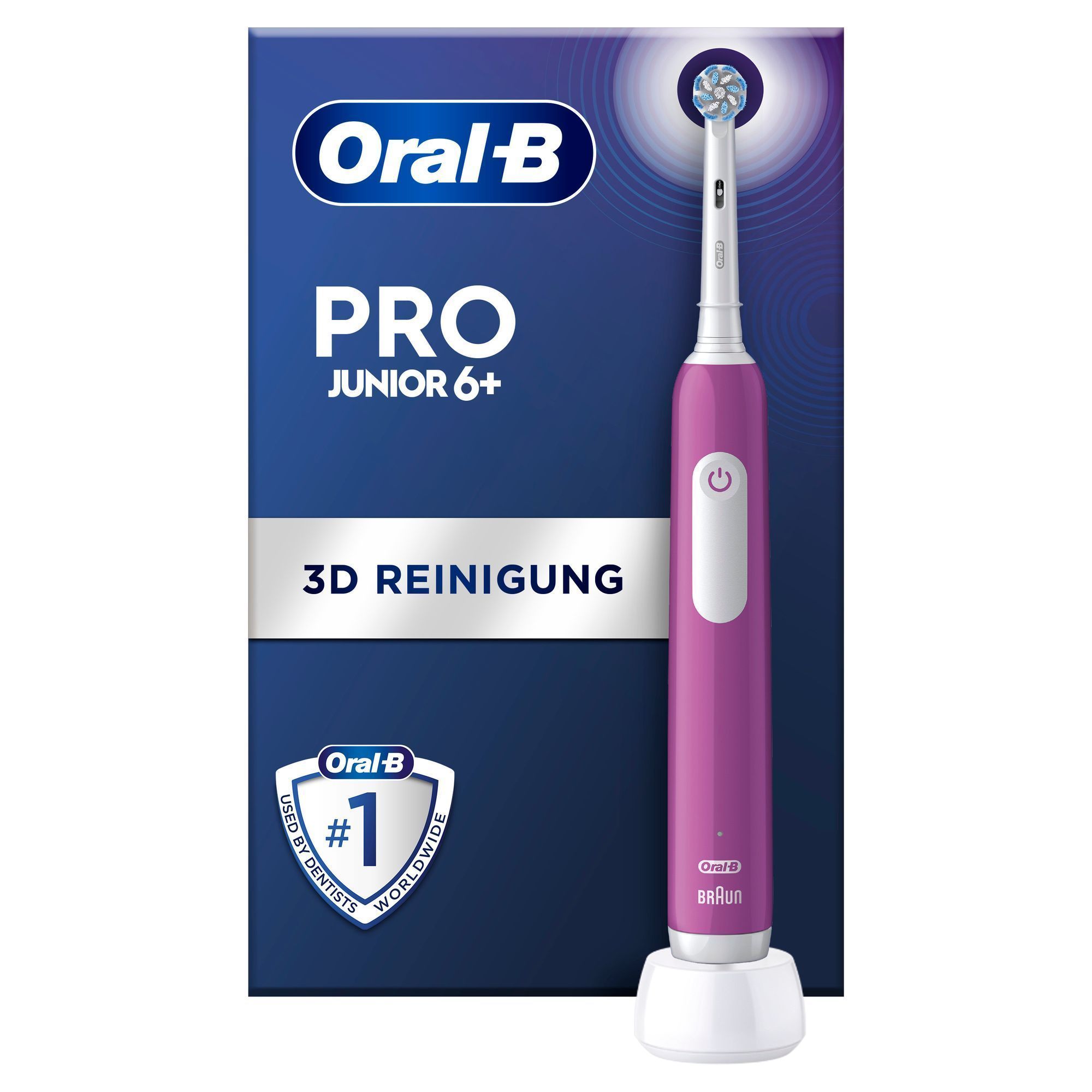 Oral-B Pro Junior 6+ elektrische Zahnbürste mit Verpackung, die 3D-Reinigung und die Empfehlung von Zahnärzten weltweit hervorhebt.