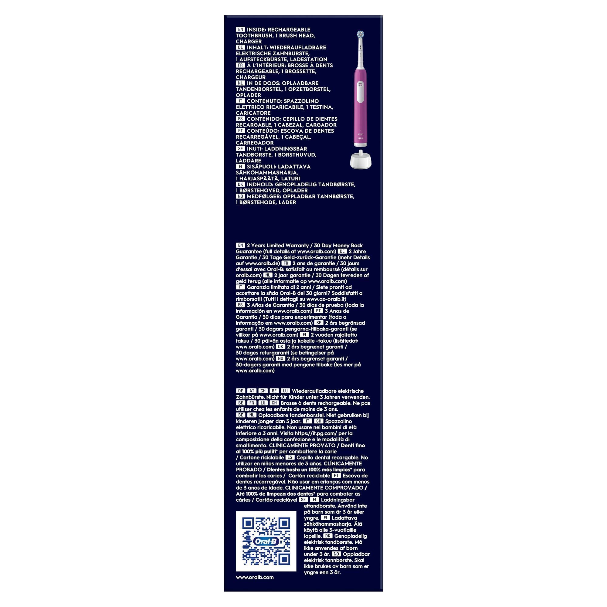 Oral-B wiederaufladbare elektrische Zahnbürste mit Ladestation und dem Hinweis auf 2 Jahre Garantie.