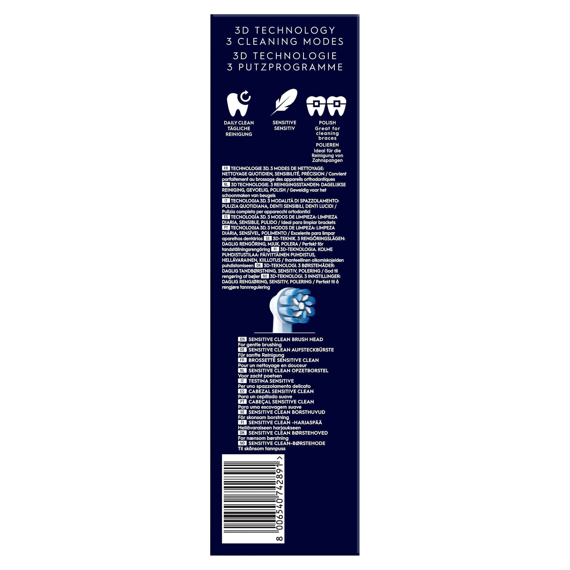Oral-B Aufsteckbürsten-Verpackung, die 3D-Technologie mit 3 Putzprogrammen hervorhebt: Tägliche Reinigung, Sensitiv und Polieren.