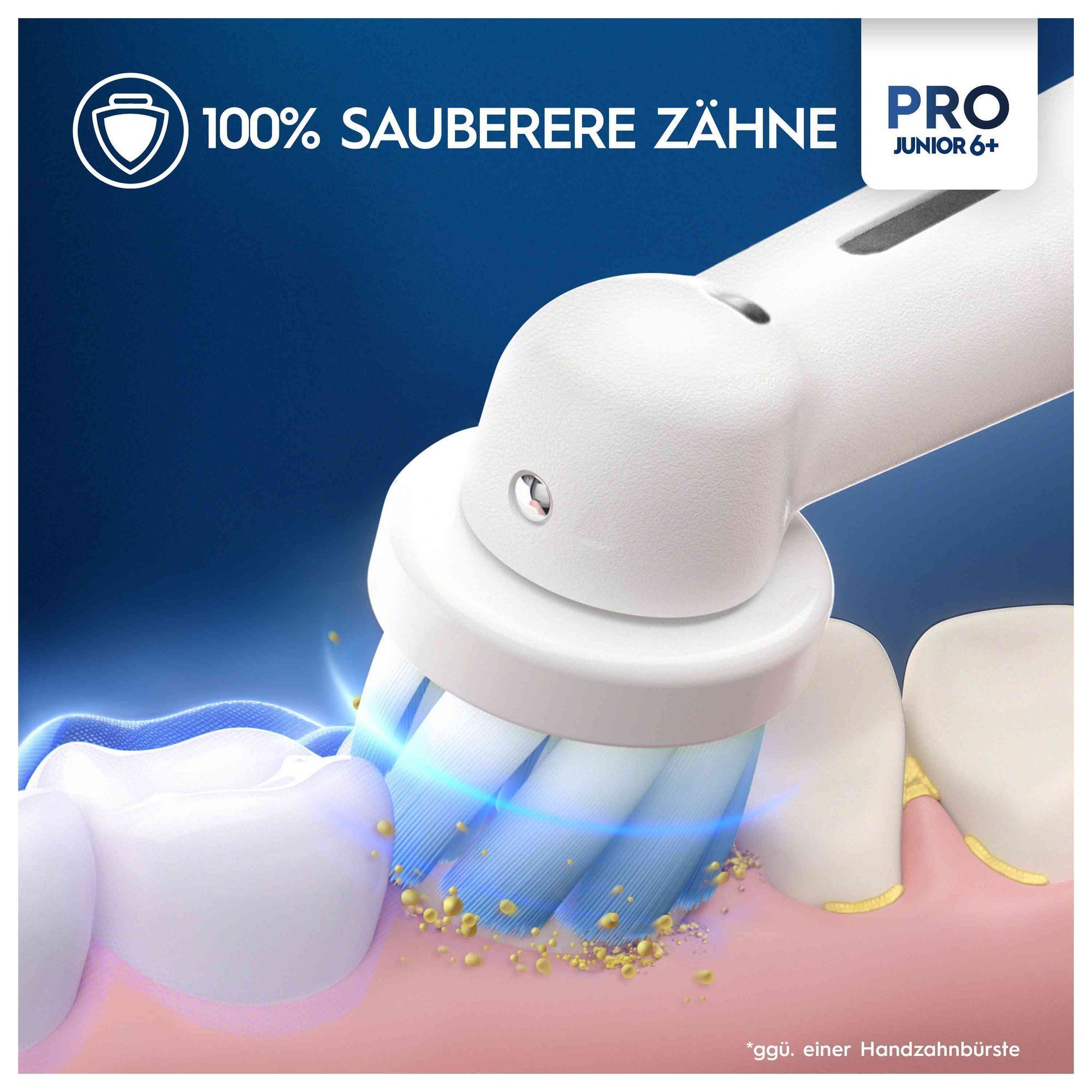 Oral-B Pro Junior 6+ Zahnbürste, die visuell demonstriert, wie sie Zähne 100% sauberer macht als eine Handzahnbürste.