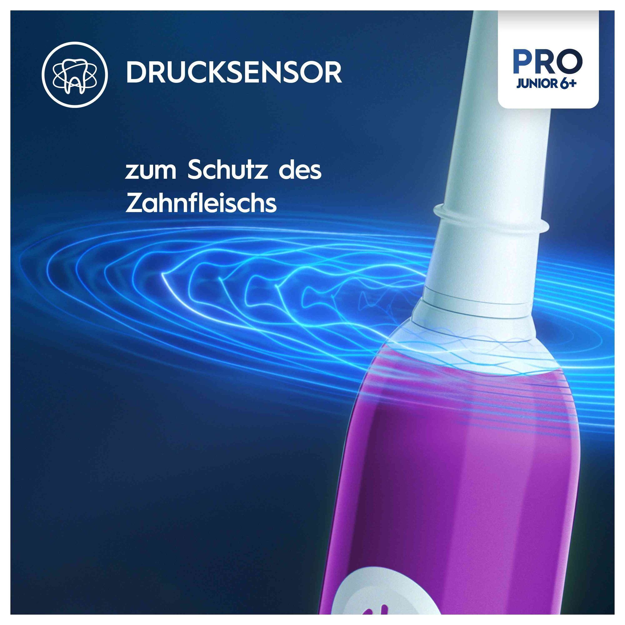 Oral-B Pro Junior 6+ Zahnbürste mit blau leuchtenden Wellen, die den Drucksensor und den Schutz des Zahnfleischs hervorheben.