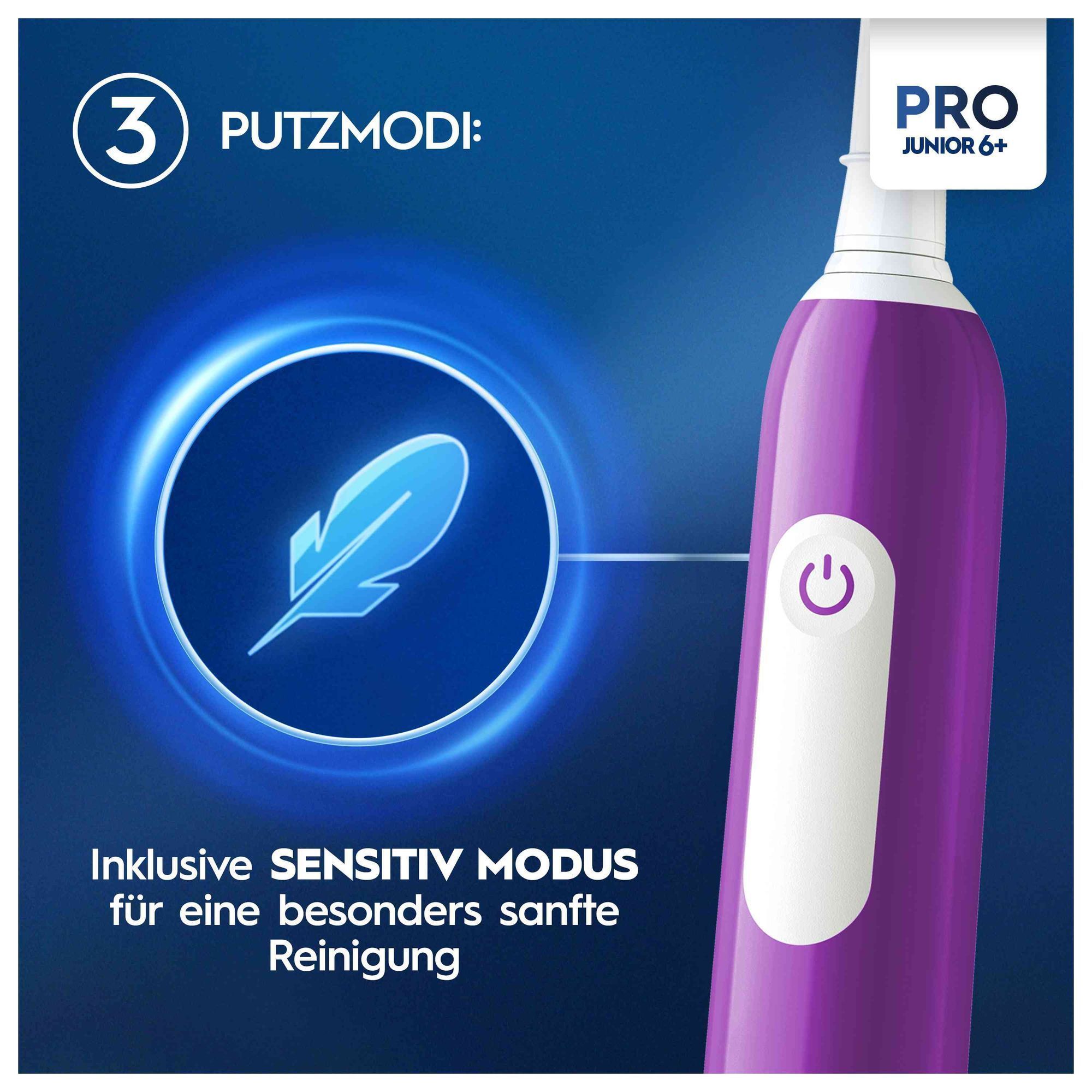 Oral-B Pro Junior 6+ Zahnbürste mit hervorgehobenem Sensitiv-Modus für besonders sanfte Reinigung, dargestellt durch eine Feder.