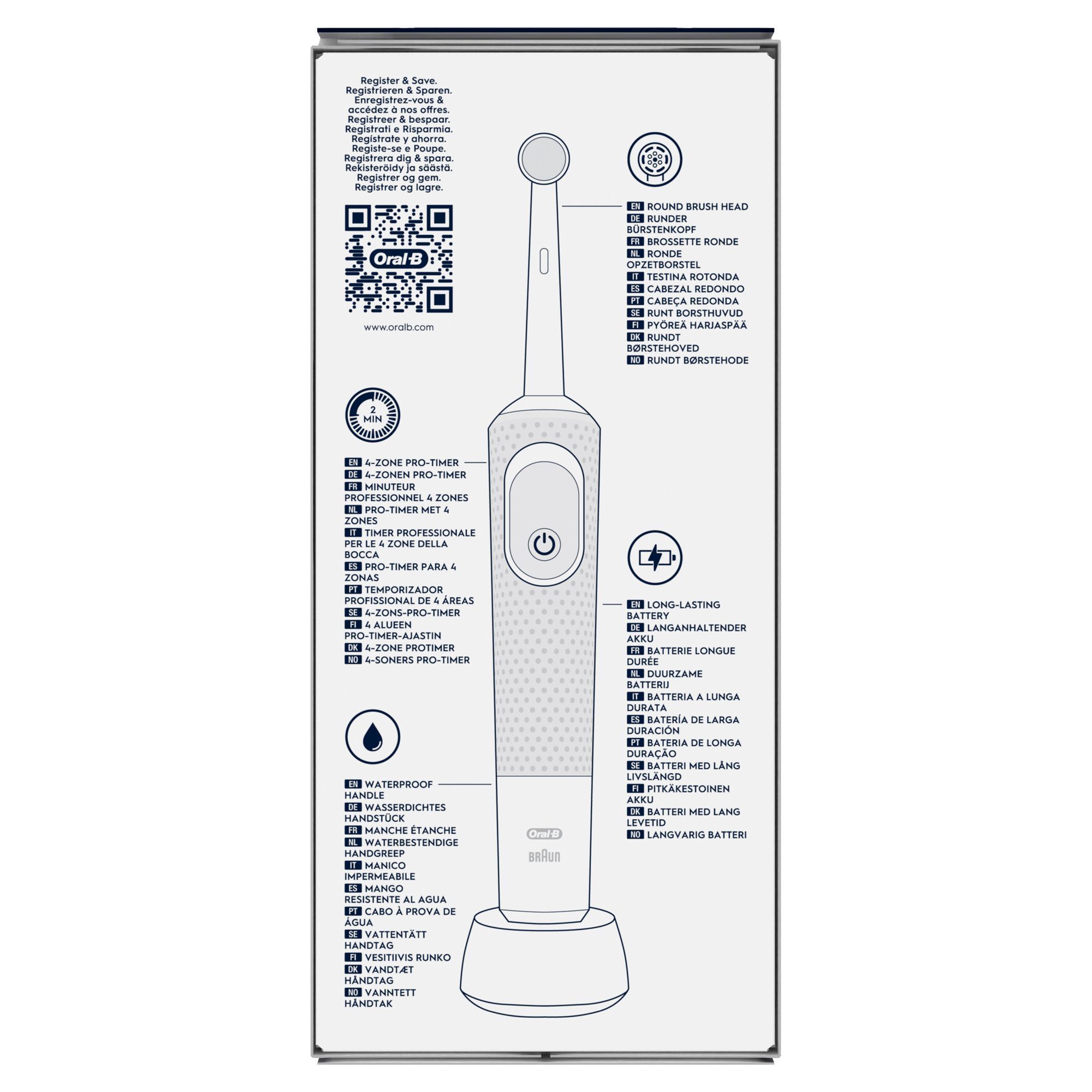 Oral-B elektrische ZahnbÃ¼rste mit rundem BÃ¼rstenkopf, 4-Zonen-Pro-Timer, wasserdichtem HandstÃ¼ck und langanhaltendem Akku.
