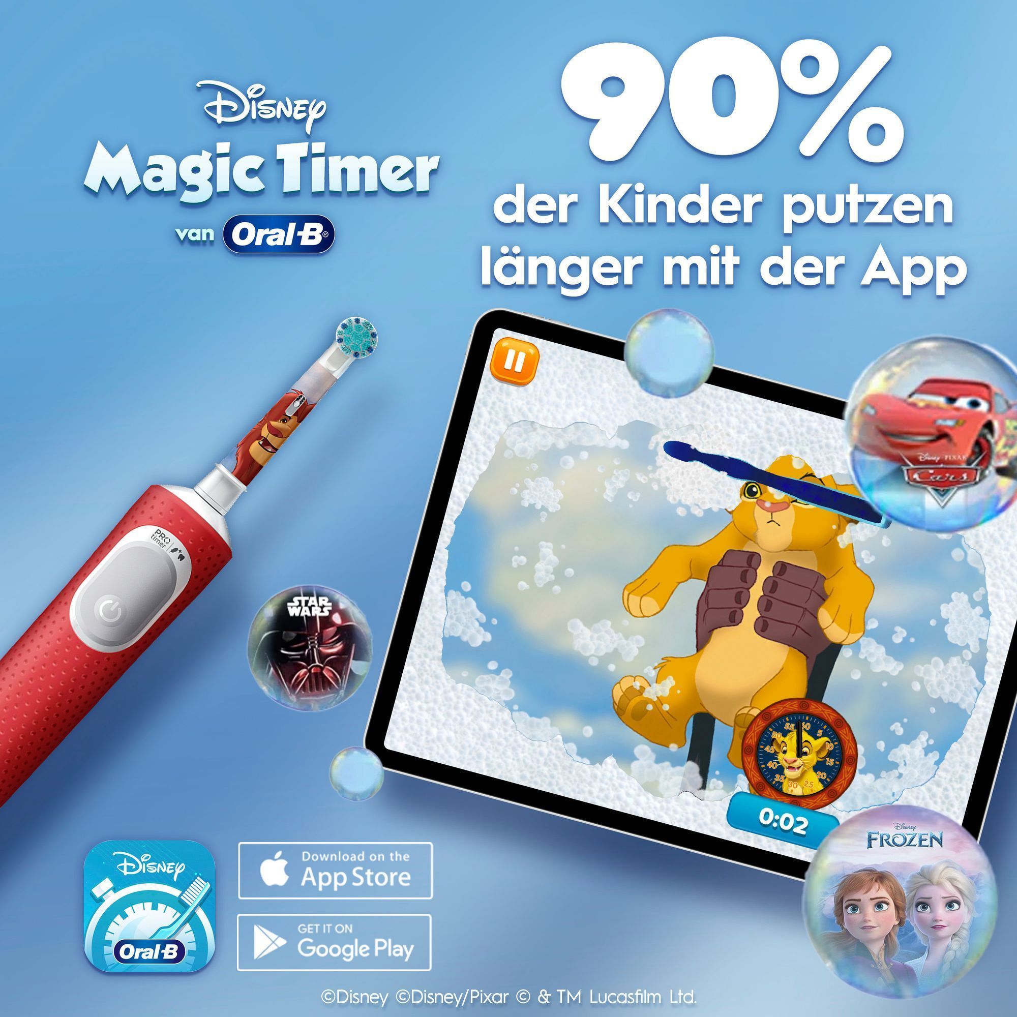Elektrische Oral.B Kids Zahnbürste neben einem Tablet und der Text, dass 90% der Kinder mit der Disney Magic Timer App länger putzen.