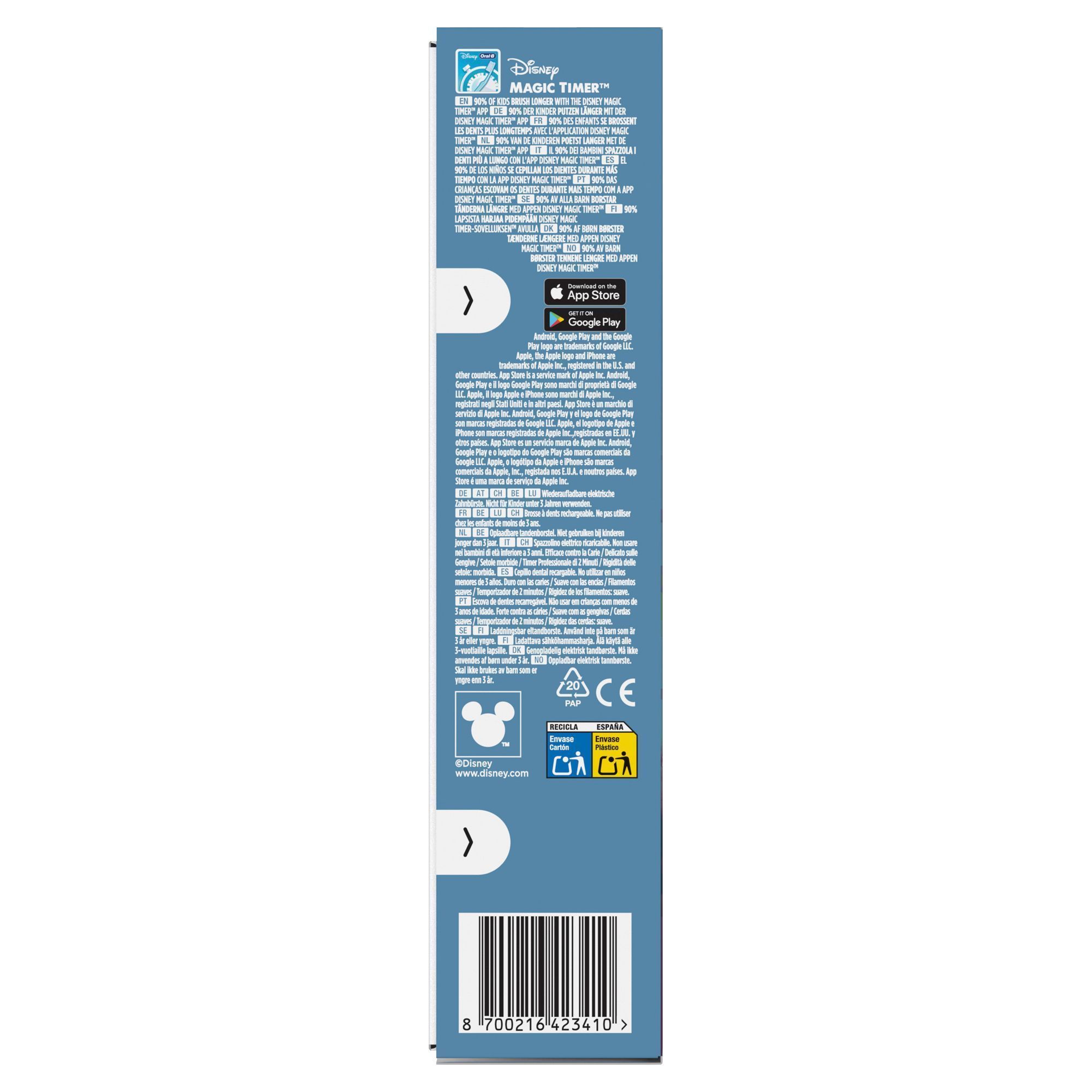 Verpackung der wiederaufladbaren elektrischen Oral-B Disney ZahnbÃ¼rste mit Hinweis auf die Disney Magic Timer App, mit der 90% der Kinder lÃ¤nger putzen.