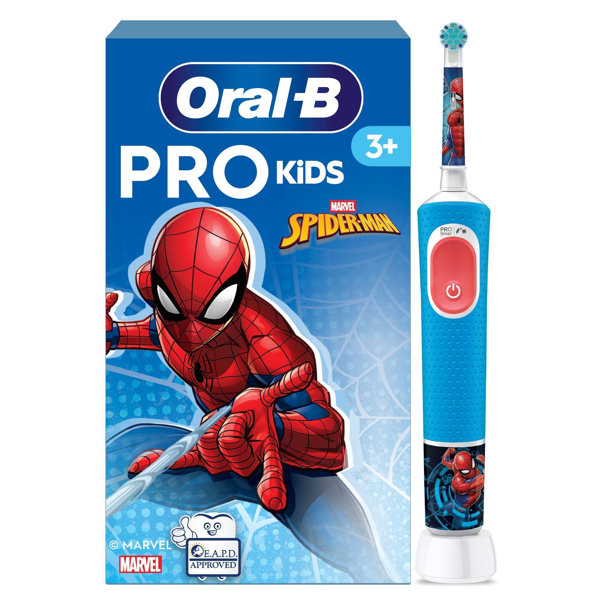 Image showing Oral-B Pro Kids Spiderman electric toothbrush. On the left is the pack with the â3 plus iconâ as well as the EAPD approved and Marvel logos. On the right is the pack contents showing one Spiderman electric toothbrush and one charger.