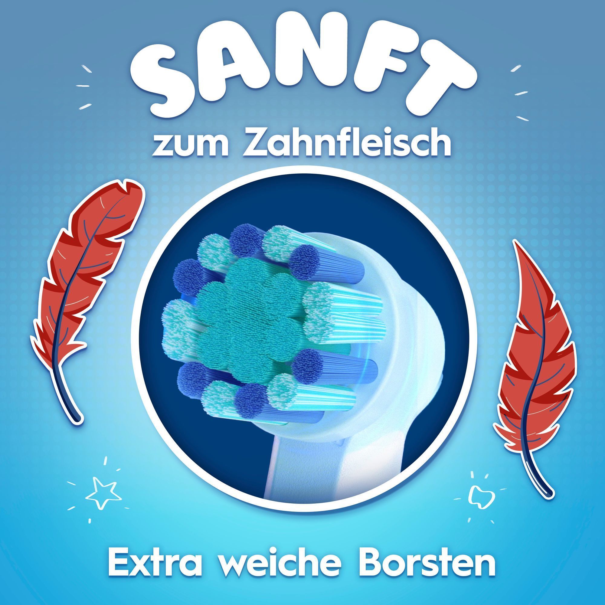 "Abbildung eines BÃ¼rstenkopfs und der Text: SANFT
zum Zahnfleisch, extra weiche Borsten "