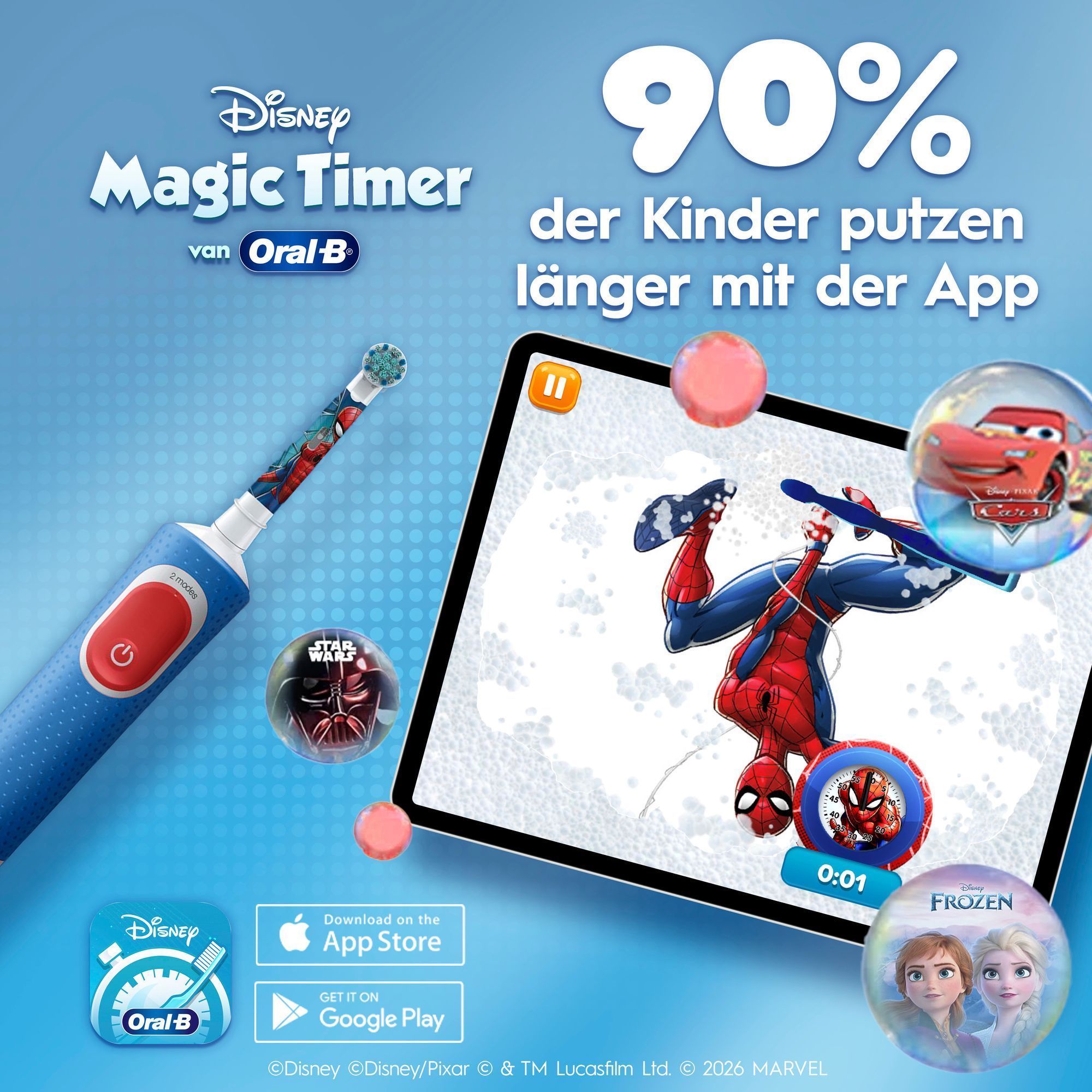 Elektrische Oral.B Kids ZahnbÃ¼rste neben einem Tablet und der Text, dass 90% der Kinder mit der Disney Magic Timer App lÃ¤nger putzen.