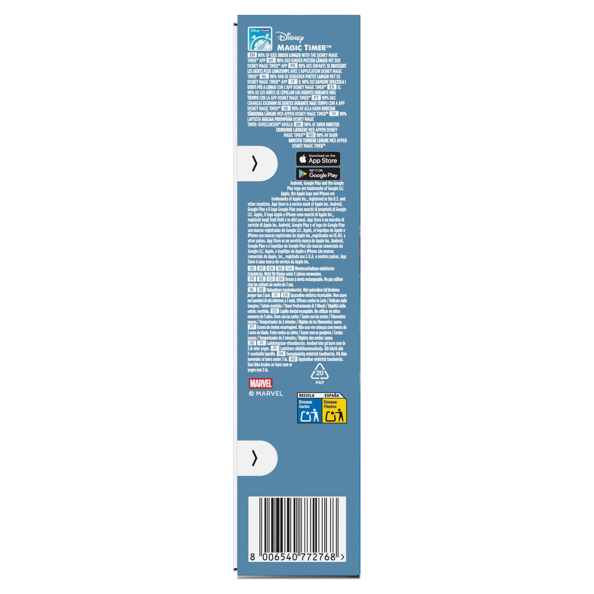 Disney Oral-B Verpackung, hervorgehoben wird die Aussage, dass 90 % der Kinder mit der Disney Magic Timer App lÃ¤nger putzen.