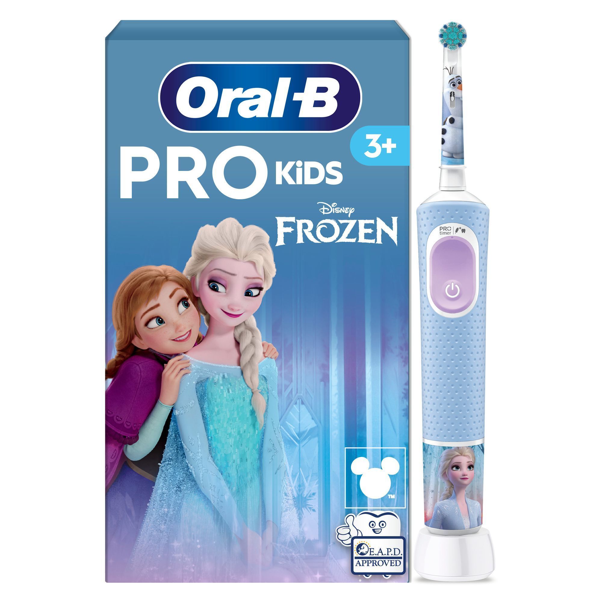 Image showing Oral-B Pro Kids Frozen electric toothbrush. On the left is the pack with the ‘3 plus icon’ as well as the EAPD approved and Disney logos. On the right is the pack contents showing one Frozen electric toothbrush and one charger.