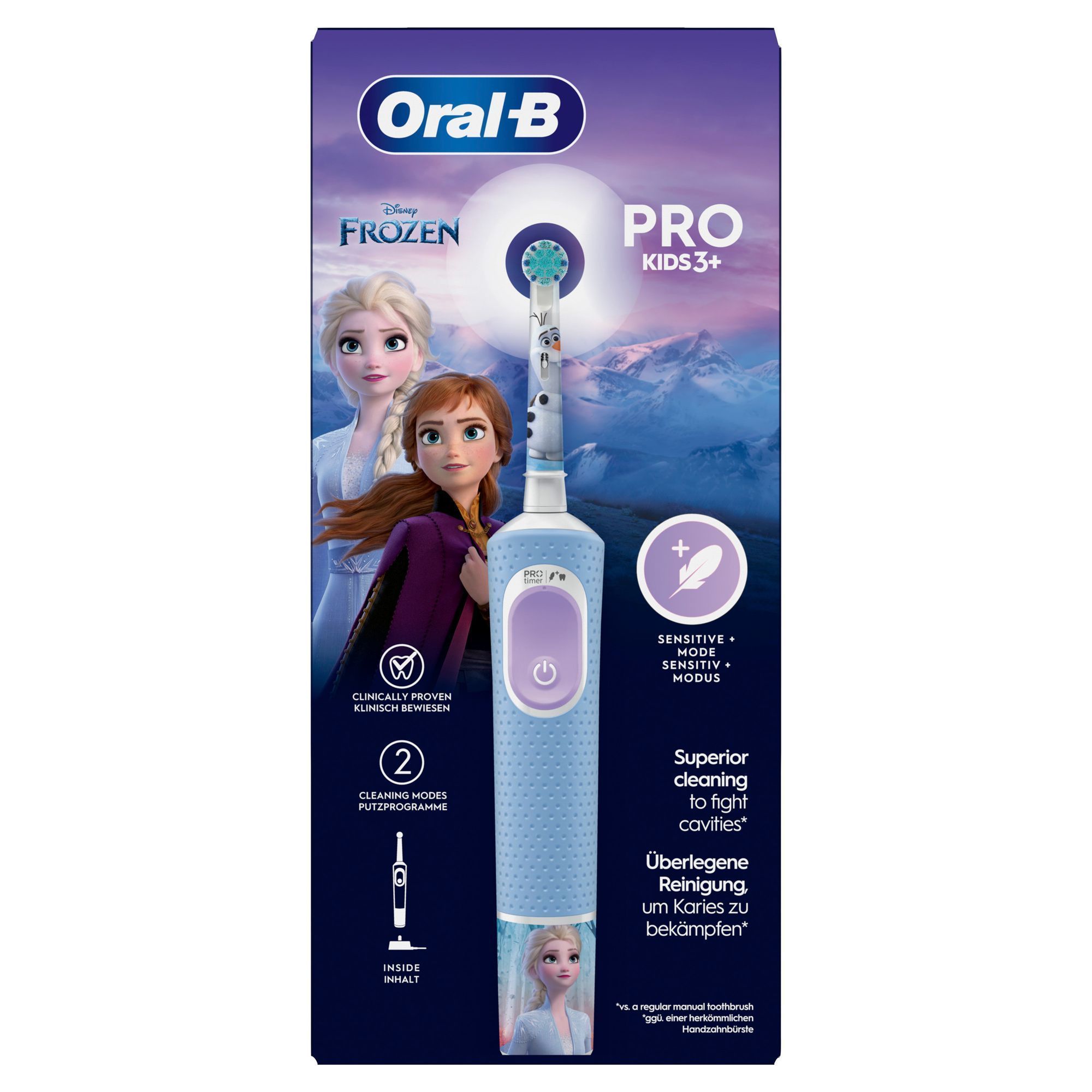 Verpackung der Oral-B Pro Kids 3+ elektrische Zahnbürste mit Disney Frozen Design, klinisch bewiesen für die Zahngesundheit.