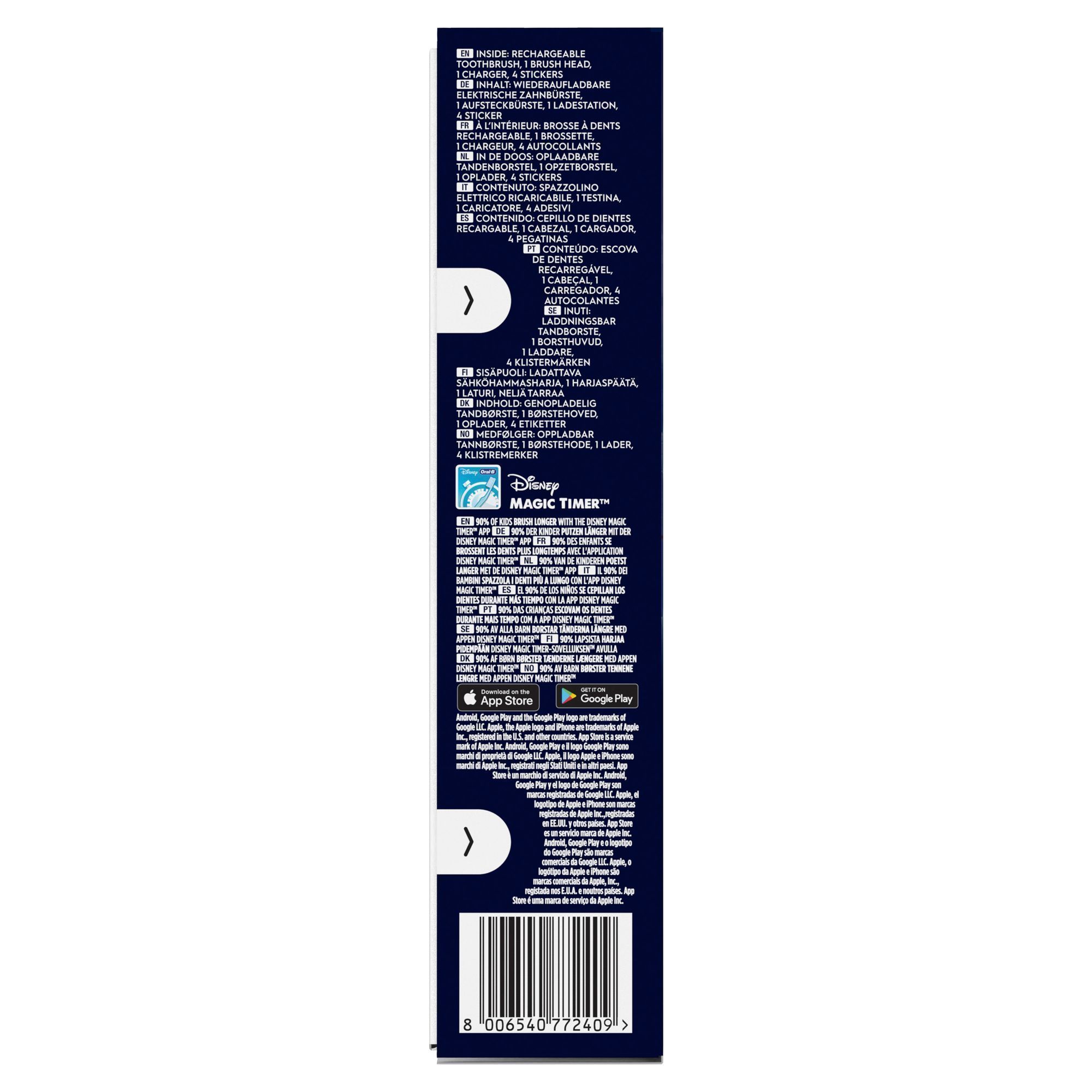Verpackung der Oral-B  elektrischen Zahnbürste mit Disney Magic Timer App, mit der 90% der Kinder länger putzen.