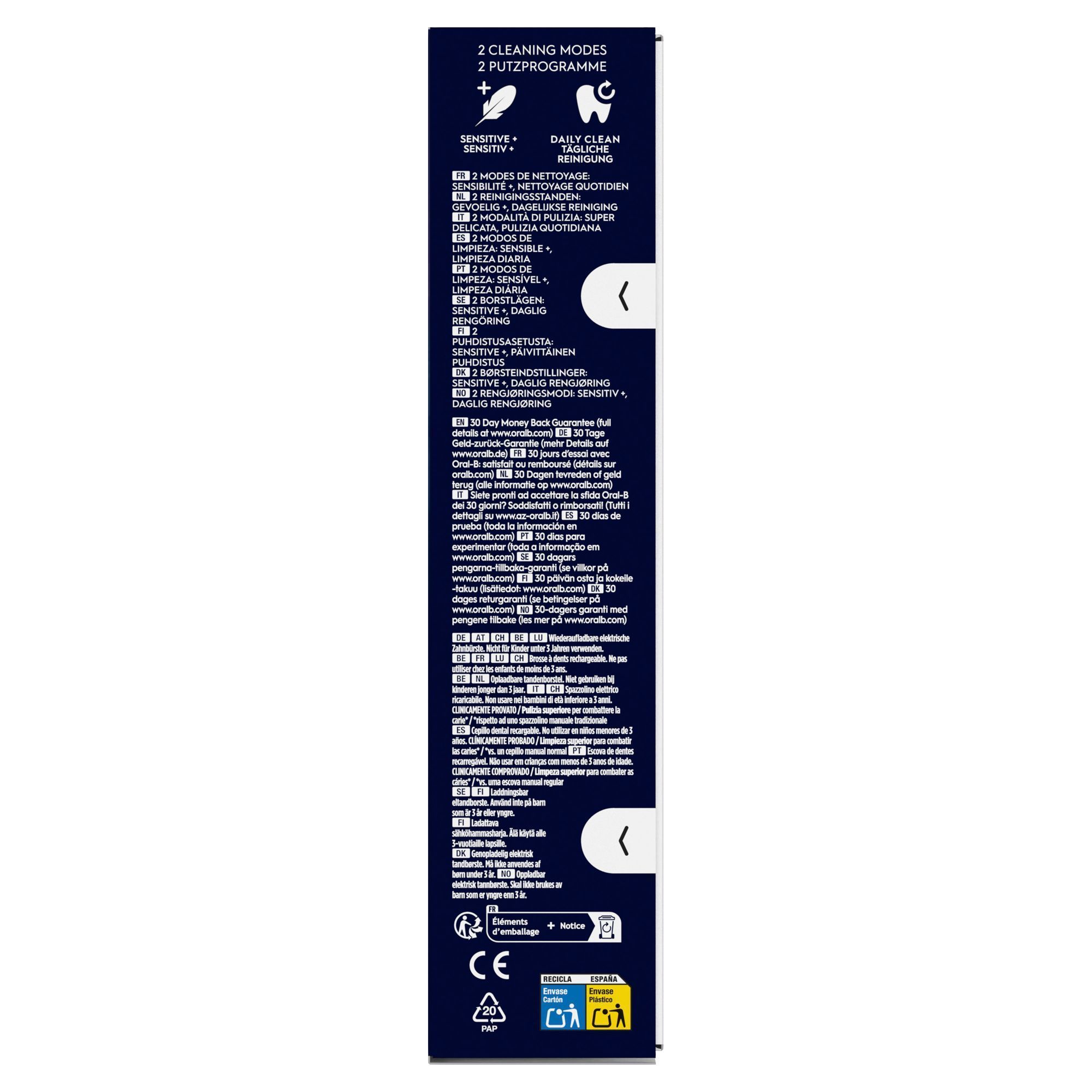 Oral-B Zahnbürstenverpackung mit Hinweis auf 2 Reinigungsmodi: Sensitive und tägliche Reinigung sowie 30 Tage Geld-zurück-Garantie.