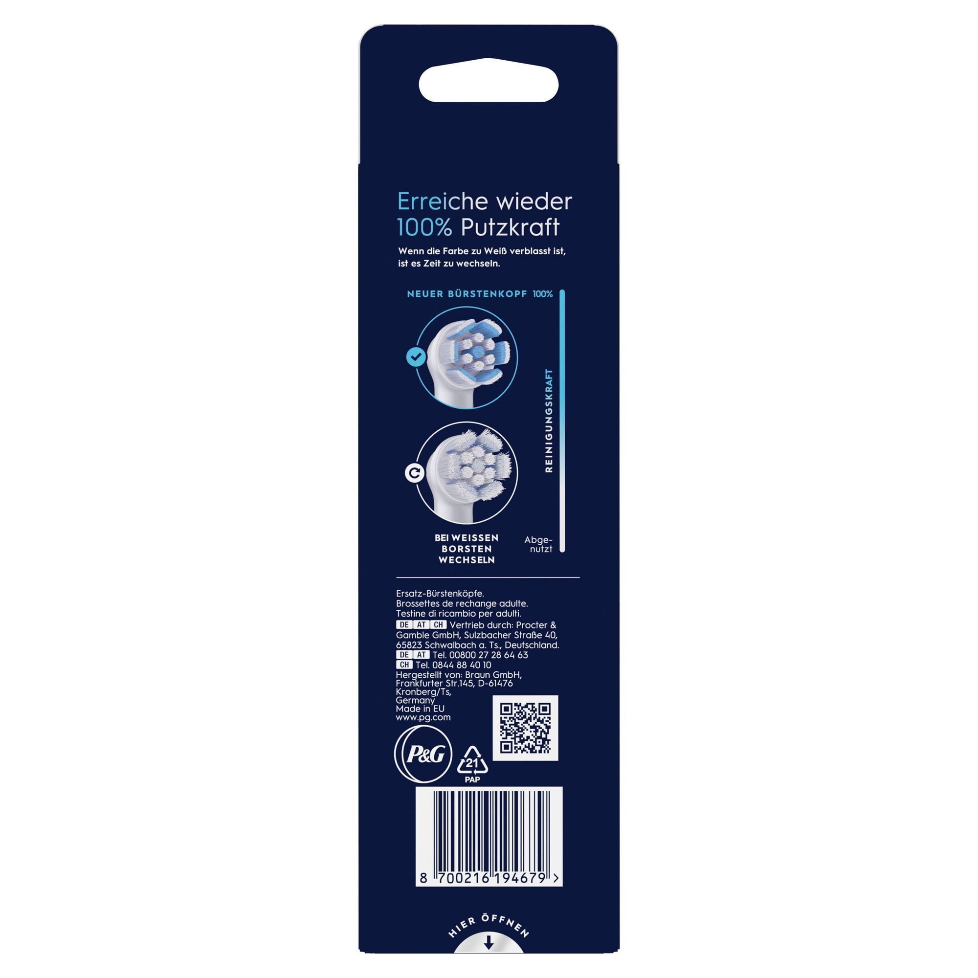 Oral-B Bürstenkopf-Verpackung, die hervorhebt, dass der Bürstenkopf gewechselt werden soll, wenn die Borsten weiß werden.