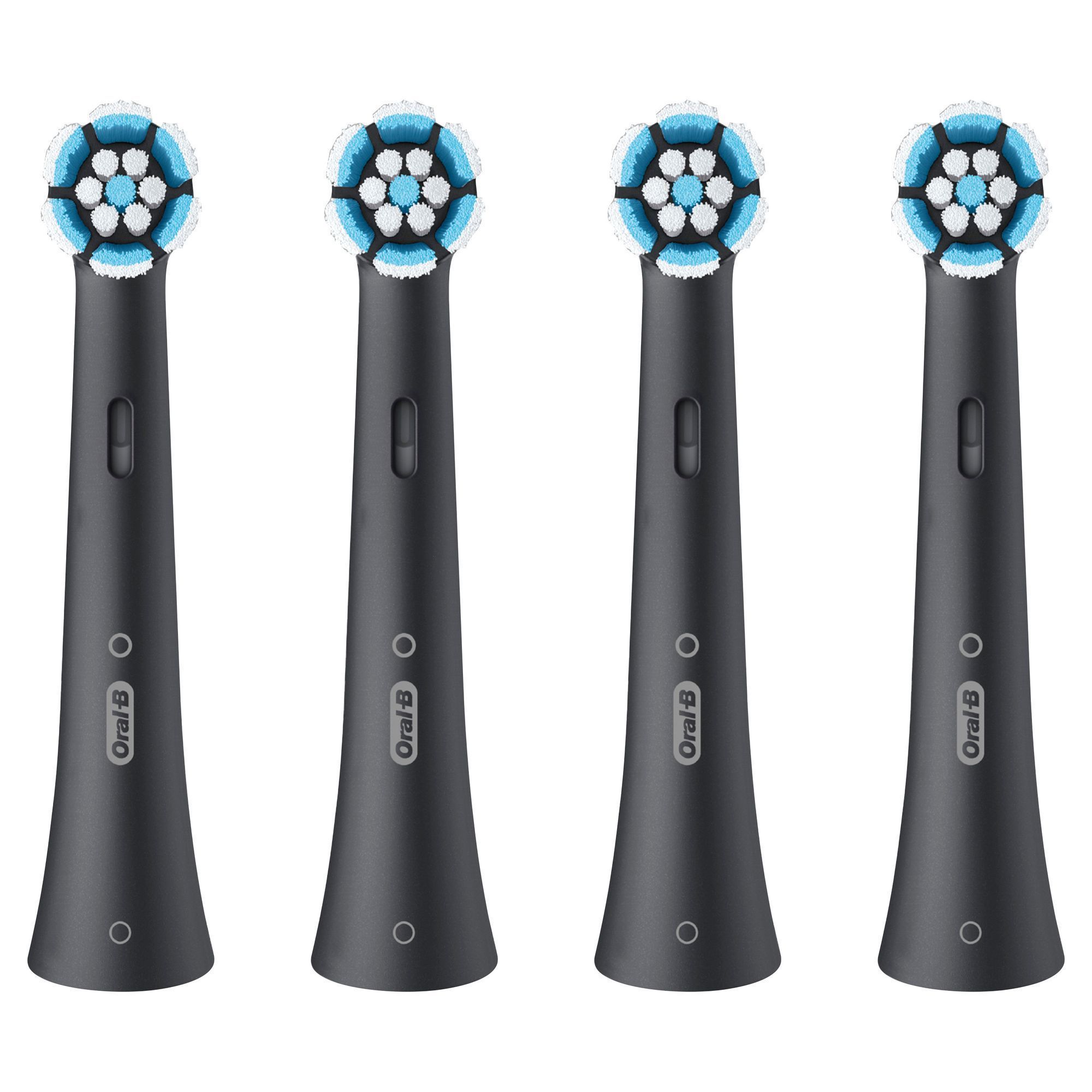 Oral-B Aufsteckbürsten, 4er-Pack, mit runden Bürstenköpfen und blauen Borsten.
