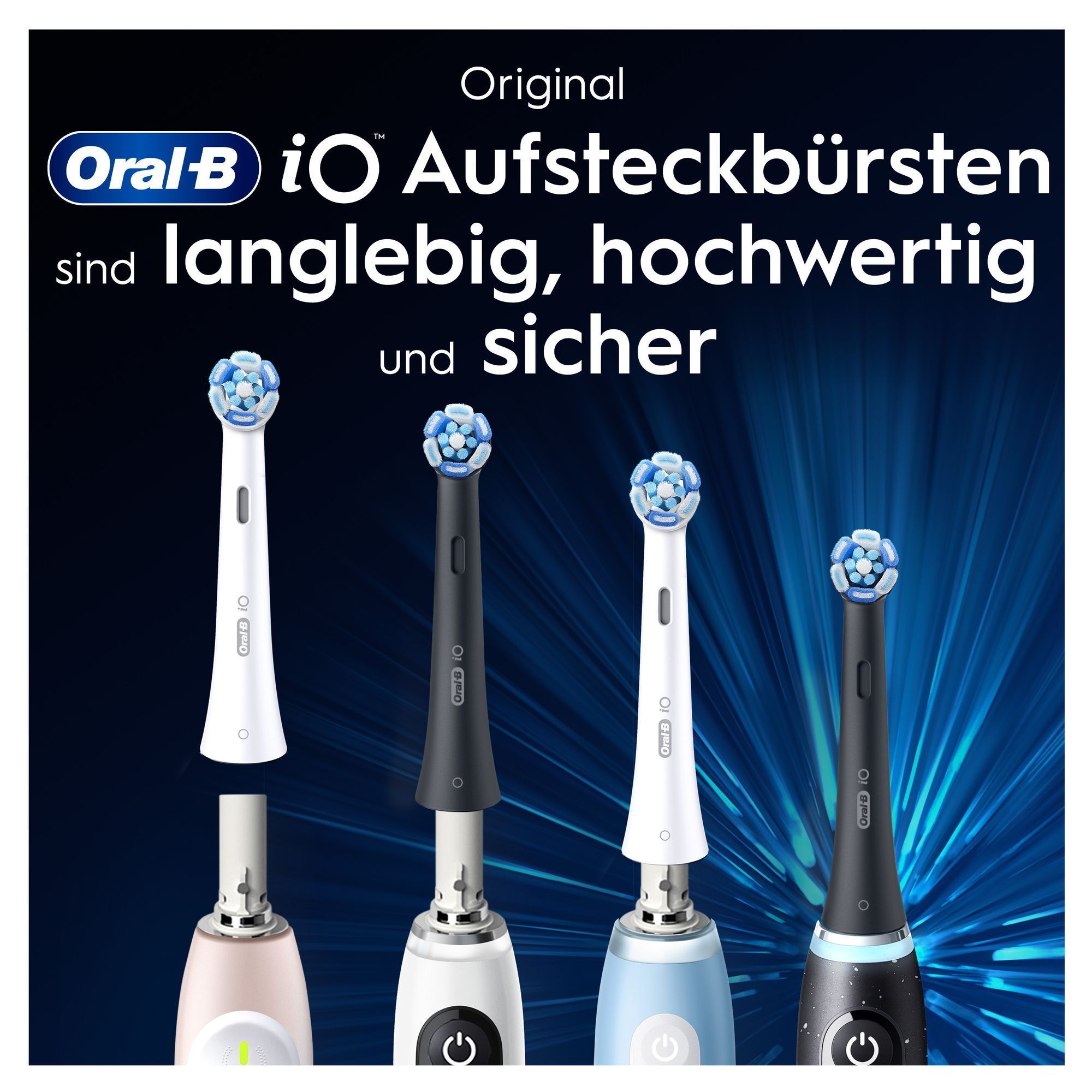 Oral-B iO Aufsteckbürsten sind langlebig, hochwertig und sicher, wie durch die verschiedenen Bürstenköpfe und Zahnbürsten hervorgehoben wird.