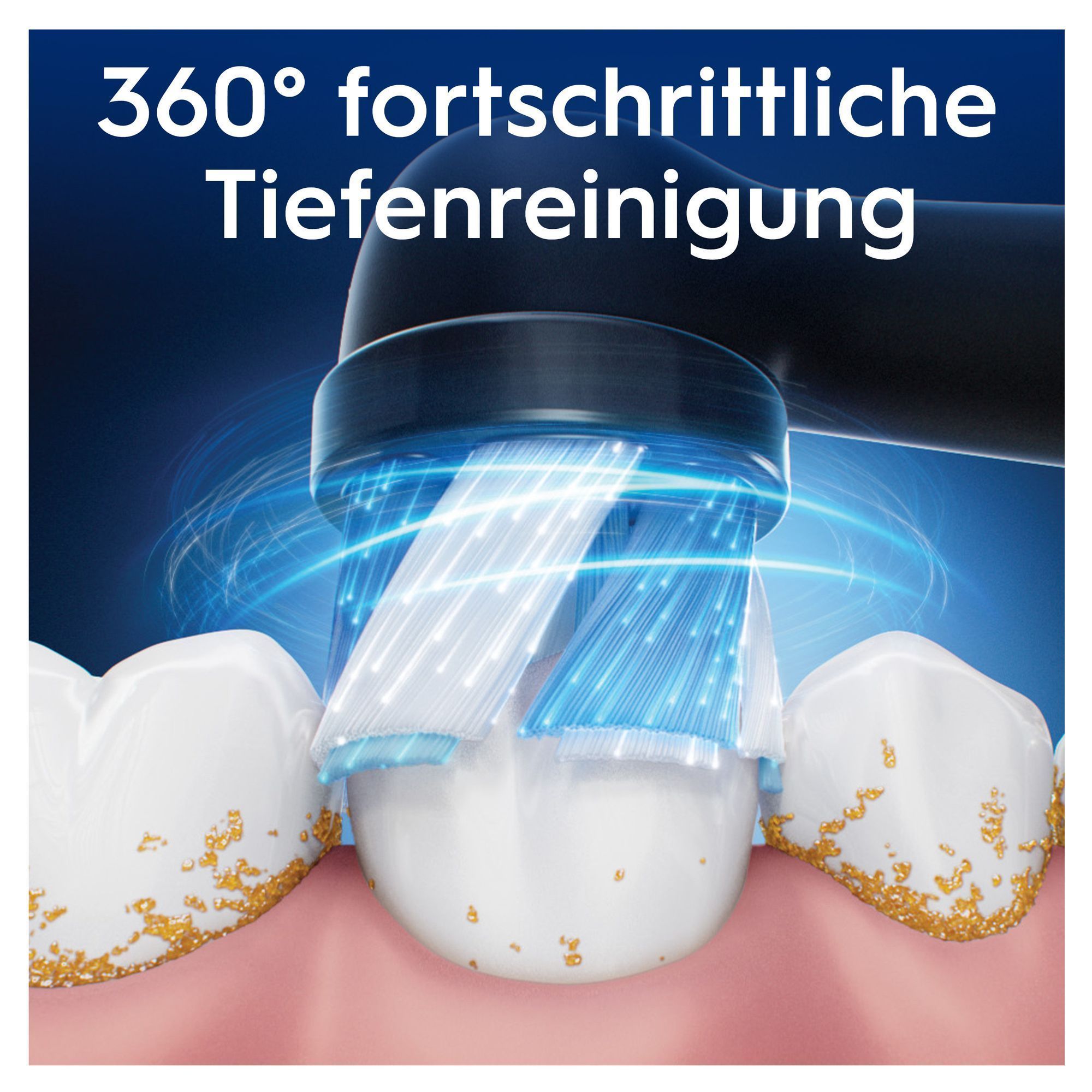Oral-B Zahnbürste reinigt Zähne mit 360° fortschrittlicher Tiefenreinigung, dargestellt durch blaue Lichteffekte.