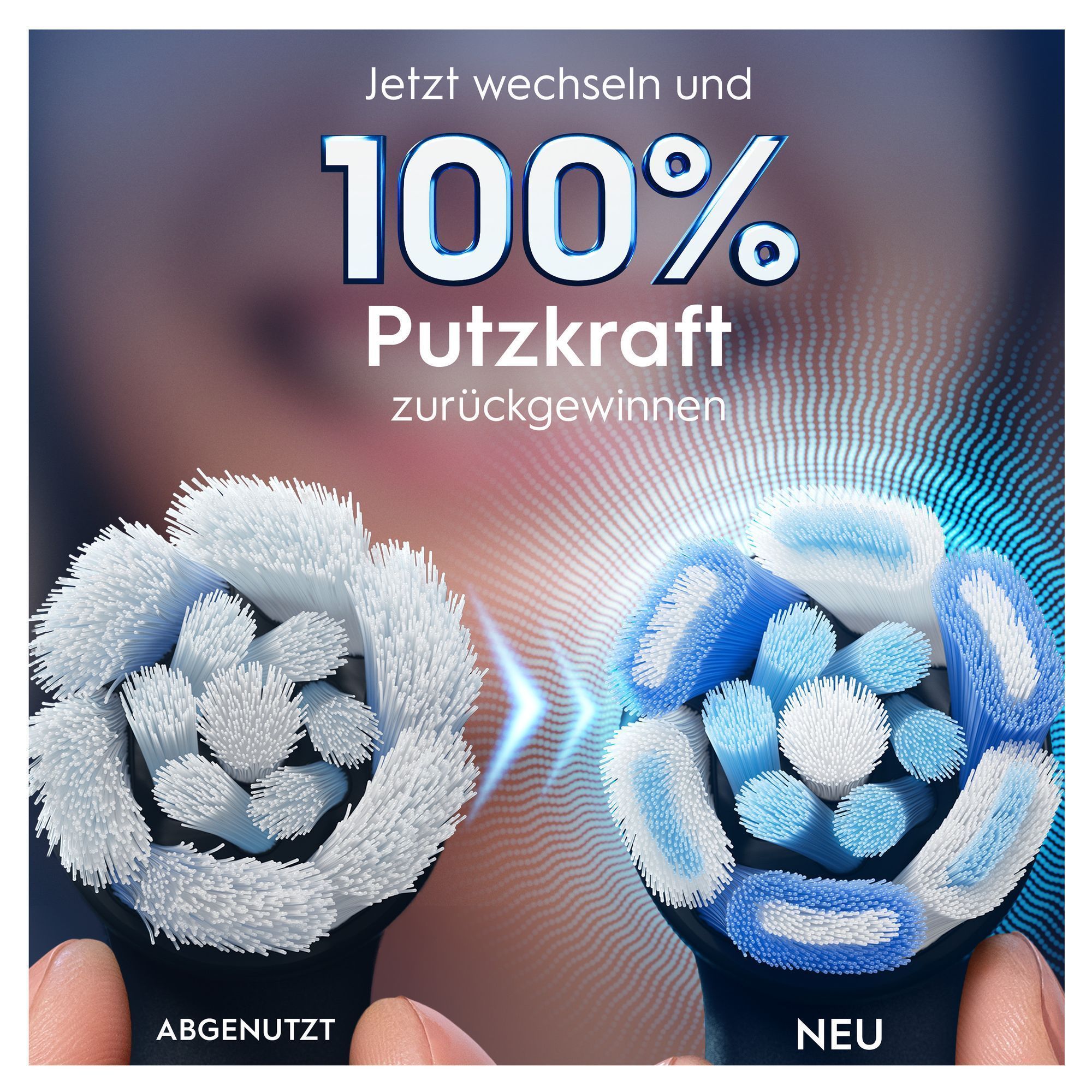 Oral-B Bürstenkopf-Vergleich zeigt, wie ein neuer Bürstenkopf 100% Putzkraft zurückgewinnt im Vergleich zu einem abgenutzten Bürstenkopf.