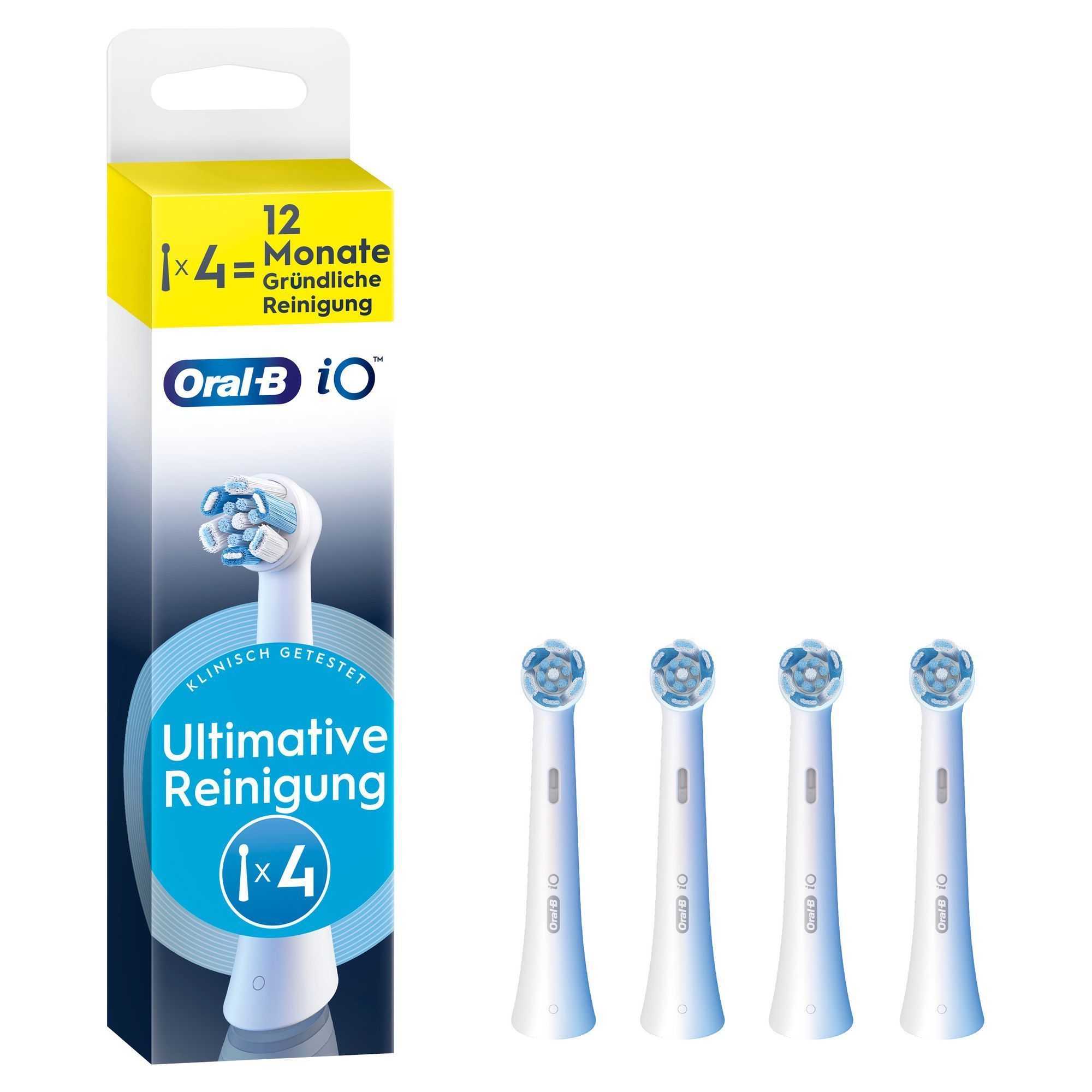 Image showing Oral B iO refill brush head pack. On the left is the pack with text reading "12 months of ultimate clean" as well as text higgling the number of brushes in the pack as four. On the right is the pack contents showing 4 refill brush heads.