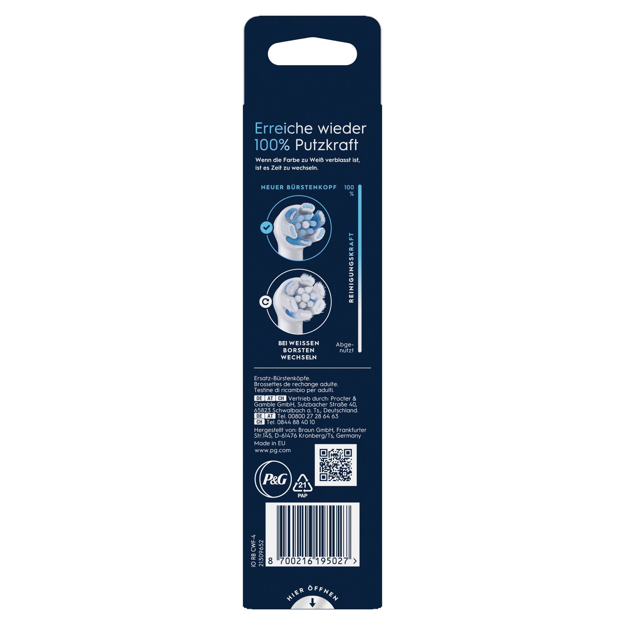 Oral-B Ersatz-Bürstenköpfe Verpackung, die hervorhebt, dass die Borsten bei weißer Farbe gewechselt werden sollten, um 100% Putzkraft zu erreichen.