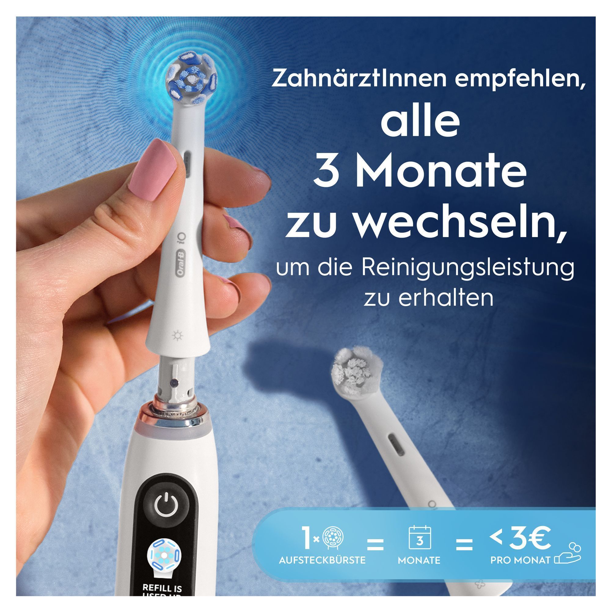 Oral-B iO Zahnbürste: Zahnärzte empfehlen, den Bürstenkopf alle 3 Monate zu wechseln, um die Reinigungsleistung zu erhalten.