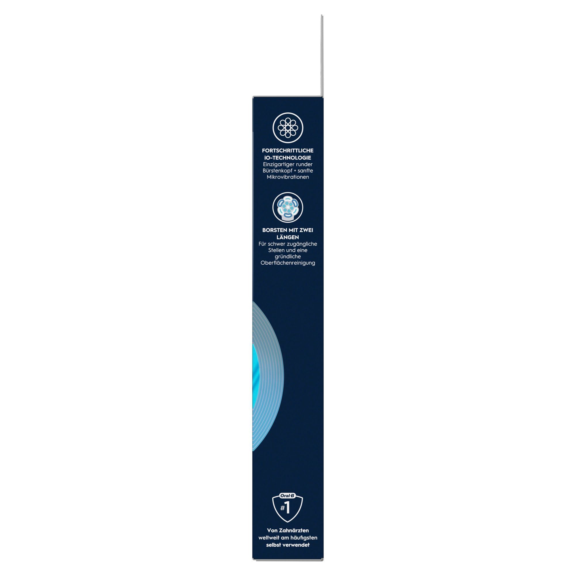 Oral-B iO Bürstenkopf-Verpackung mit fortschrittlicher iO-Technologie und sanften Mikrovibrationen.
