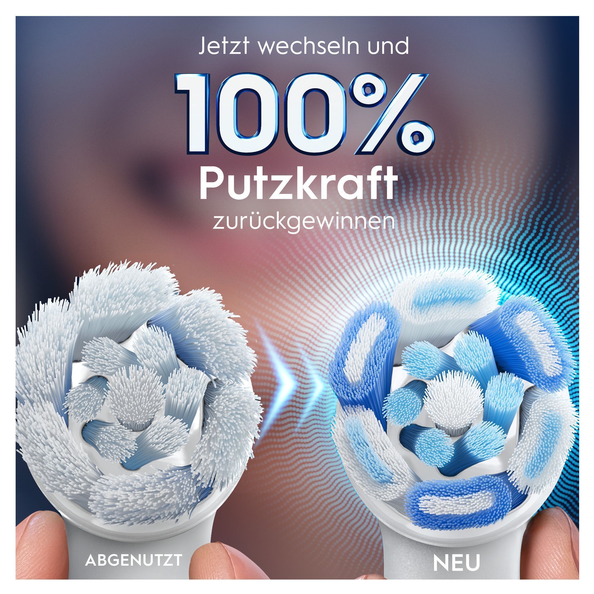 Oral-B: Abgenutzter Bürstenkopf im Vergleich zu einem neuen, um 100% Putzkraft zurückzugewinnen.