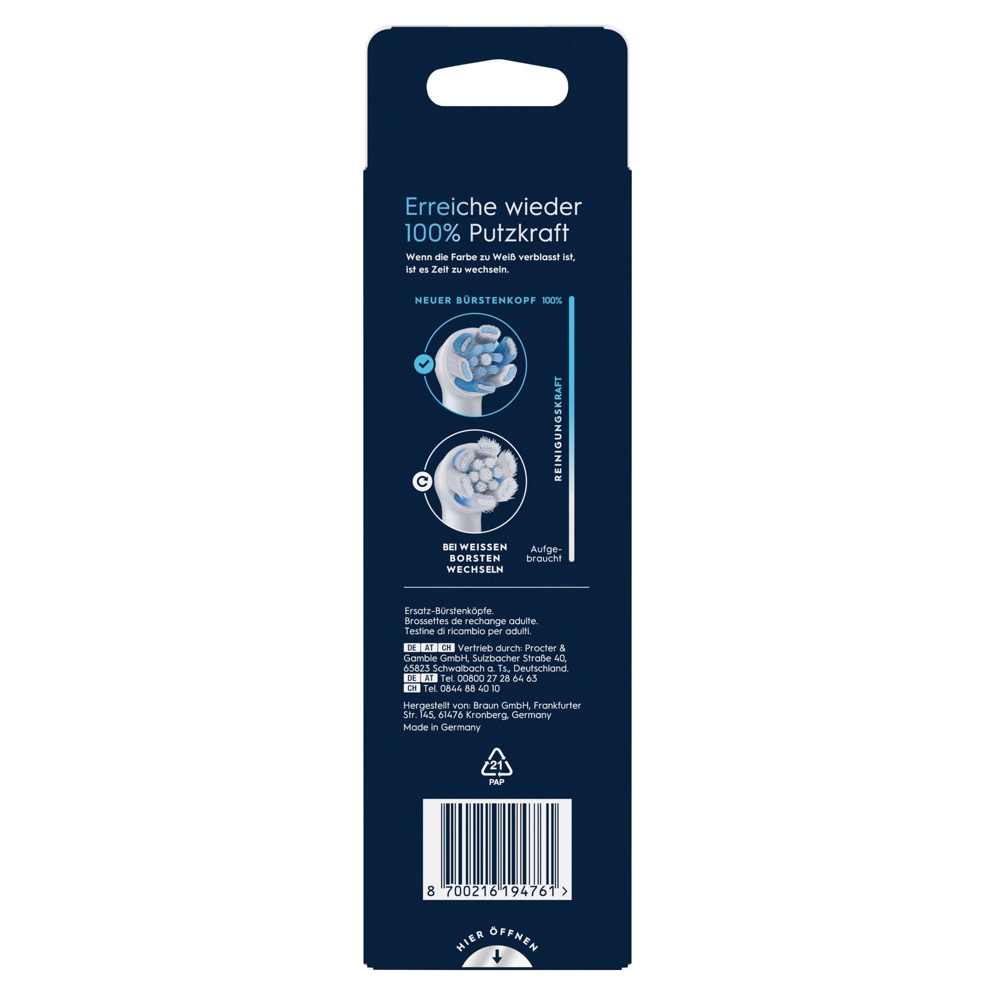 Oral-B Bürstenkopf Verpackung, die hervorhebt, dass man den Bürstenkopf wechseln soll, wenn die Borsten weiß sind, um 100% Putzkraft zu erreichen.