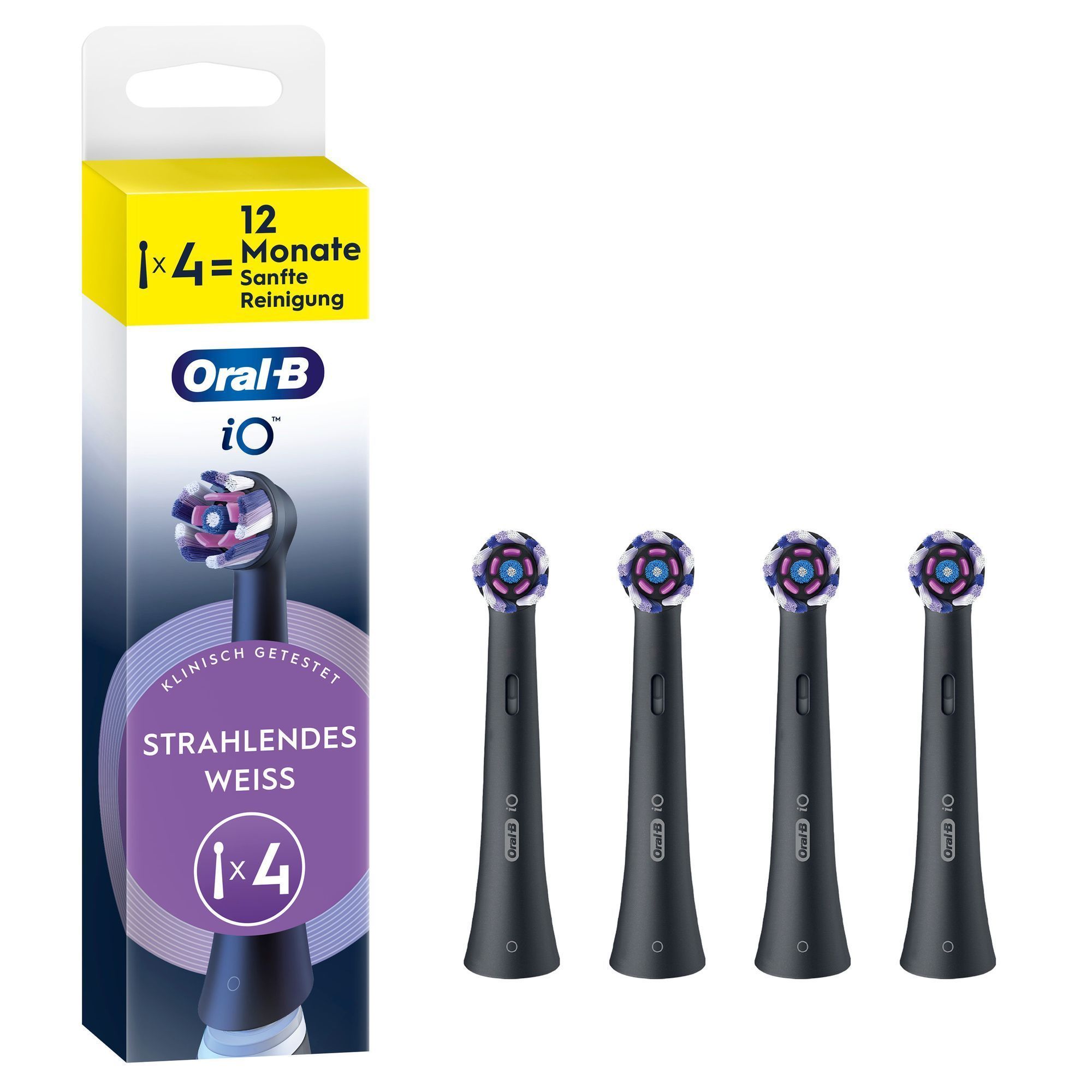 Oral-B iO Aufsteckbürsten-Verpackung, die "Strahlendes Weiss" und 4 Bürstenköpfe enthält, für 12 Monate sanfte Reinigung.