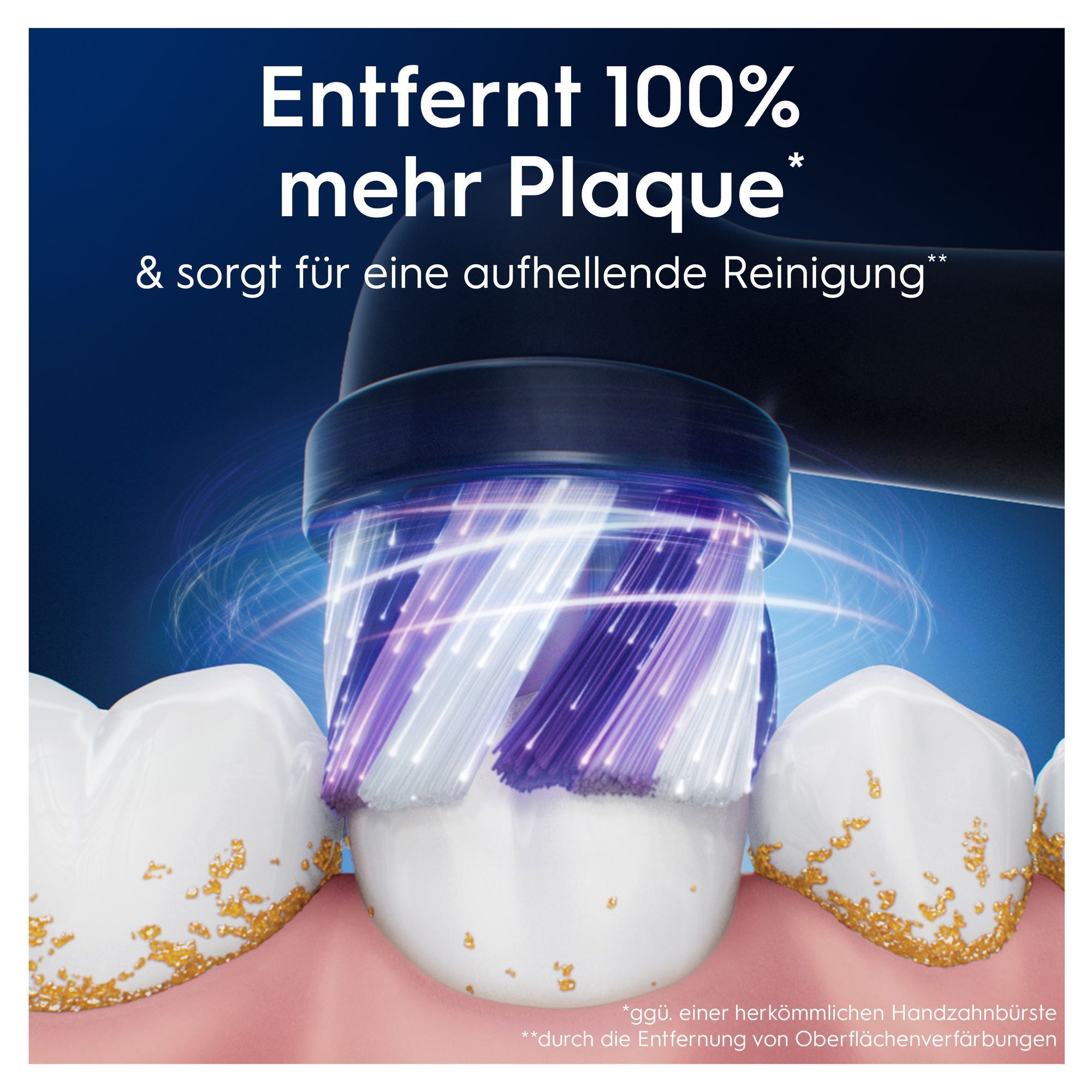 Oral-B Zahnbürste entfernt 100% mehr Plaque und sorgt für eine aufhellende Reinigung, wie durch Strahlen visuell hervorgehoben.