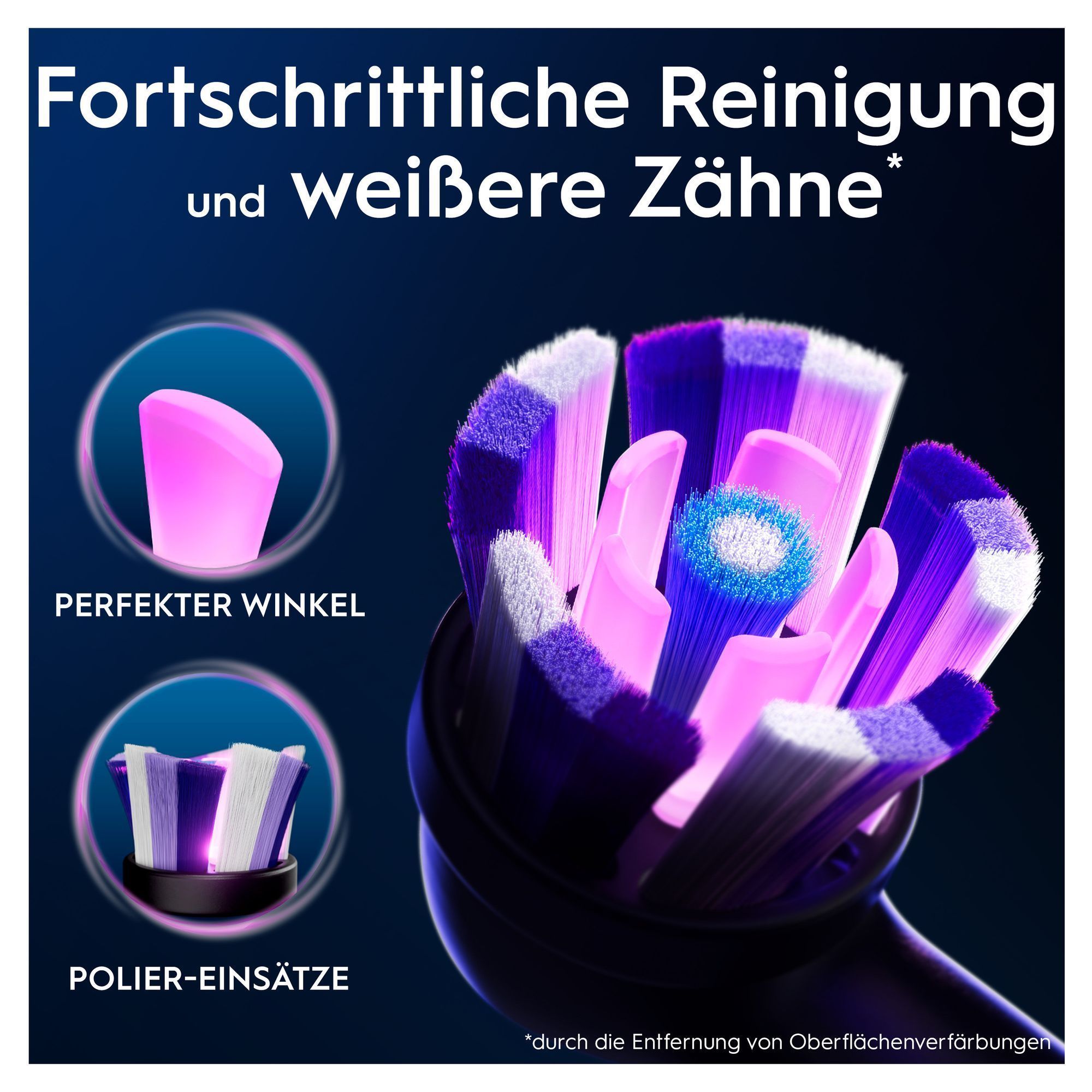 Oral-B Bürstenkopf mit hervorgehobenen Borsten für perfekten Winkel und Polier-Einsätze für fortschrittliche Reinigung und weißere Zähne.