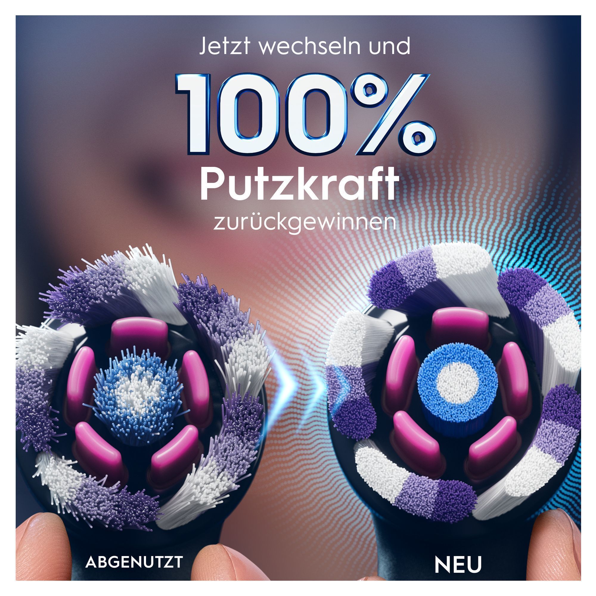 Oral-B Bürstenkopf-Vergleich: Abgenutzter Bürstenkopf versus neuer Bürstenkopf, der 100% Putzkraft zurückbringt.