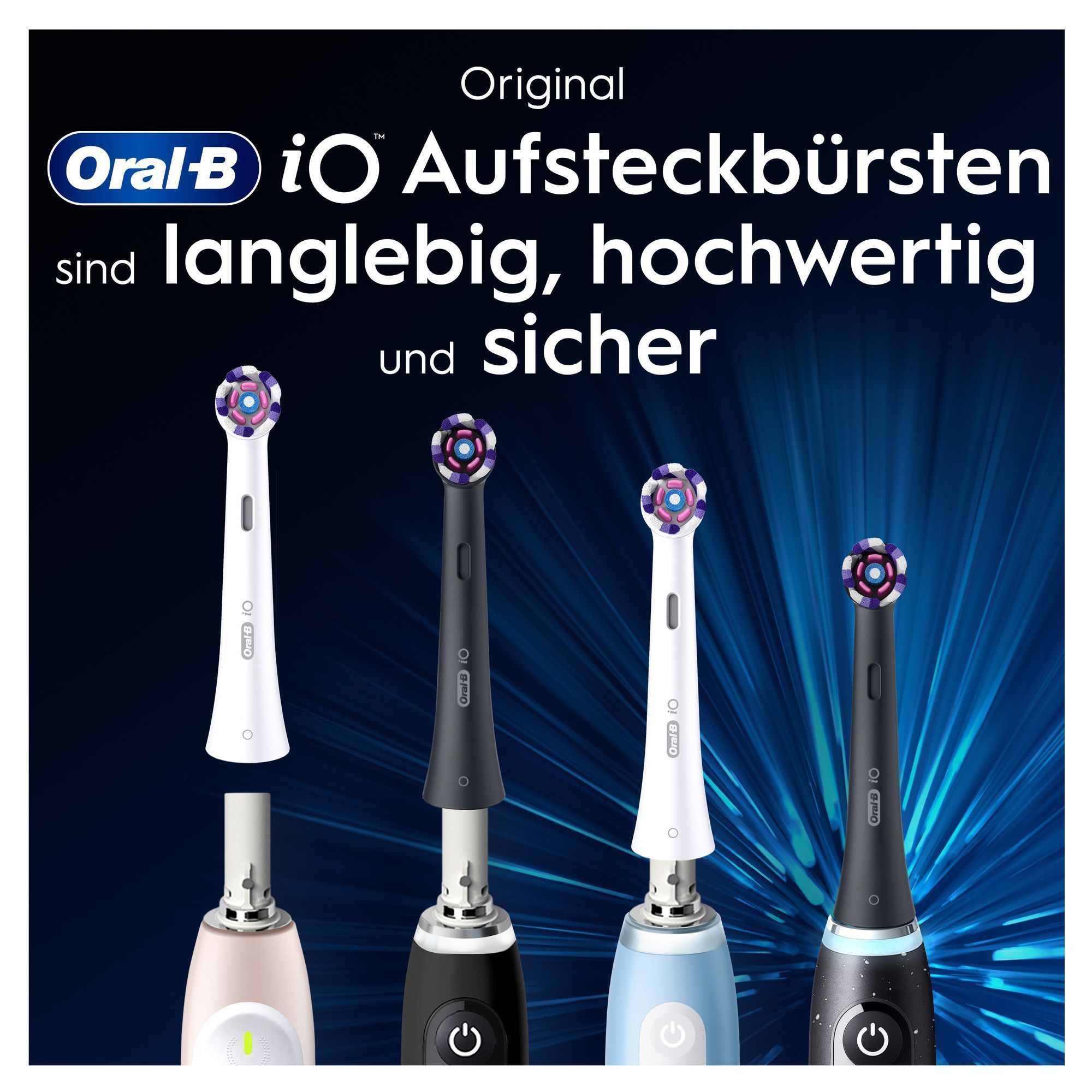 Oral-B iO Aufsteckbürsten, dargestellt in verschiedenen Farben, sind langlebig, hochwertig und sicher.