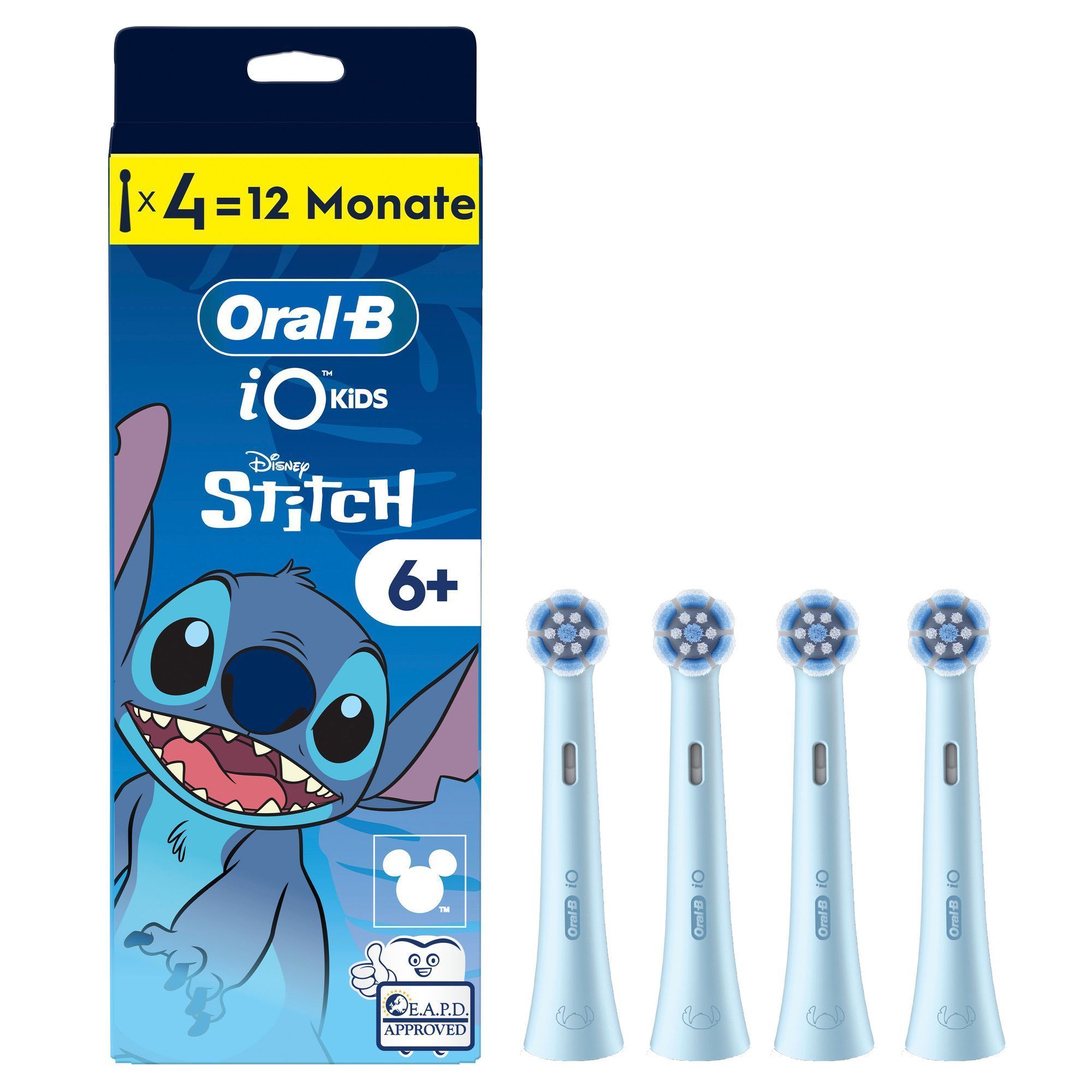 Oral-B iO Kids Aufsteckbürsten mit Disney Stitch Motiv, 4 Stück, ausreichend für 12 Monate Nutzung.