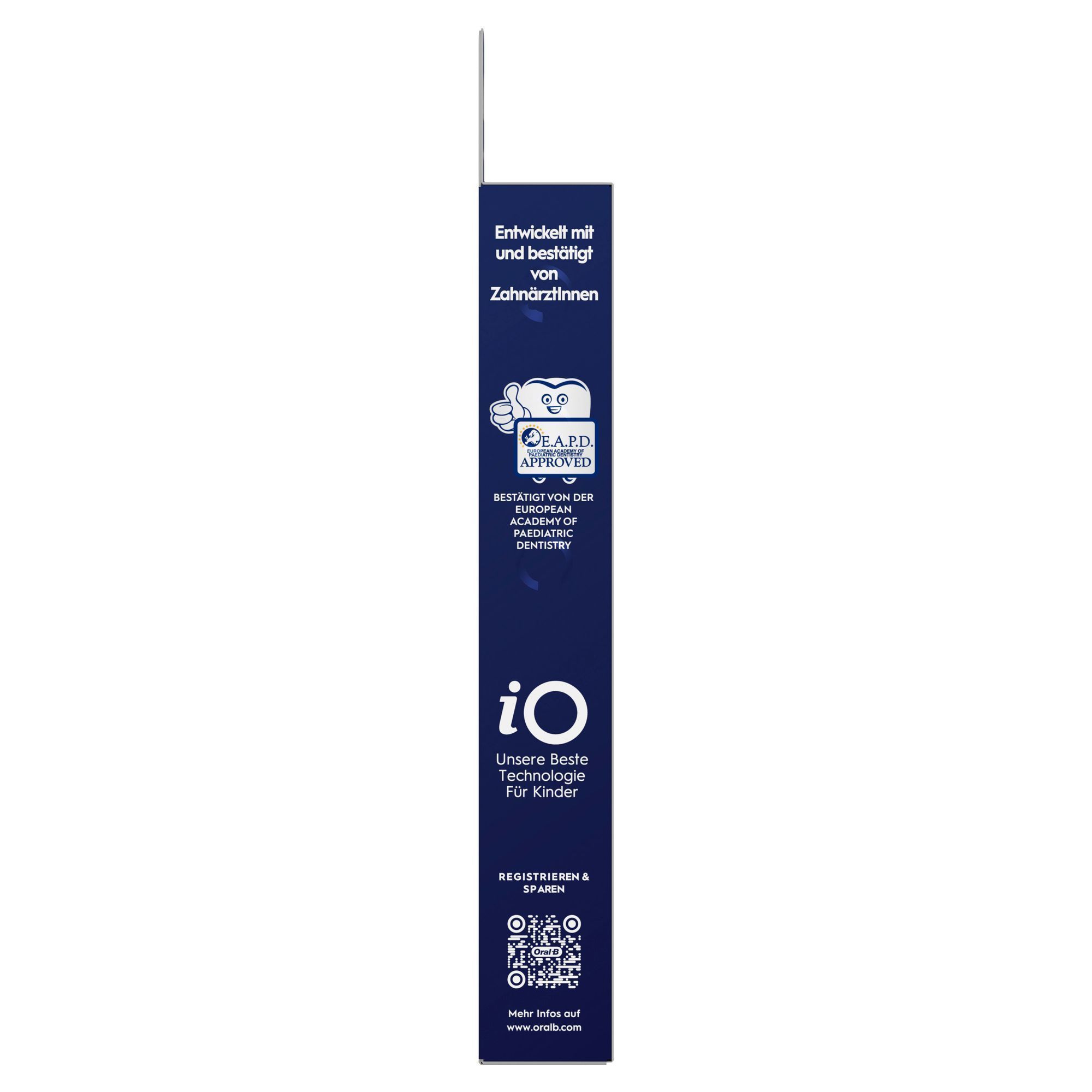 Oral-B iO Kinder Zahnbürsten-Verpackung, mit dem Hinweis "Entwickelt mit und bestätigt von Zahnärztinnen".;