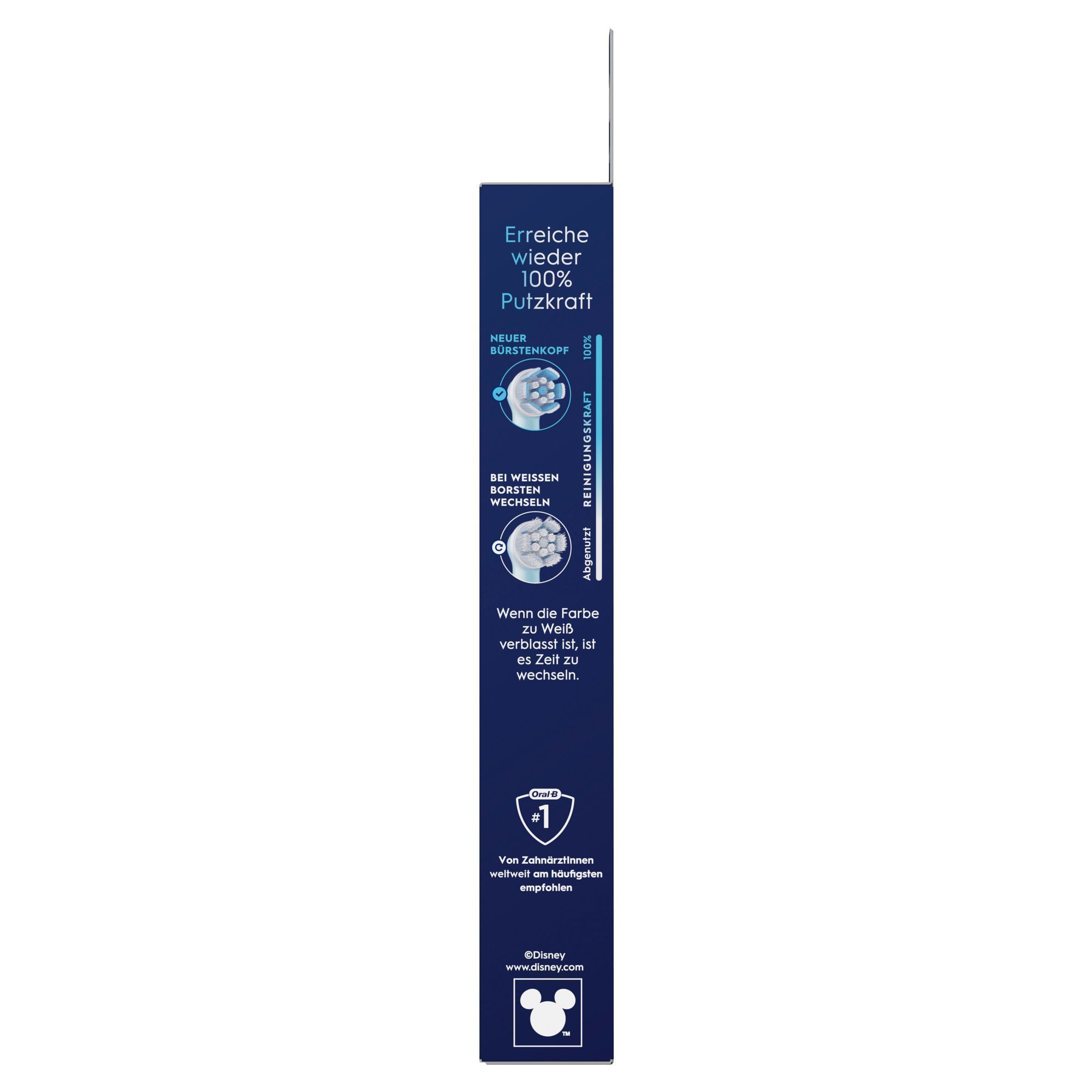 Oral-B Bürstenkopf-Verpackung mit dem Hinweis, dass ein Wechsel bei weißen Borsten für eine gleichbleibende 100% Reinigungskraft empfohlen wird.
