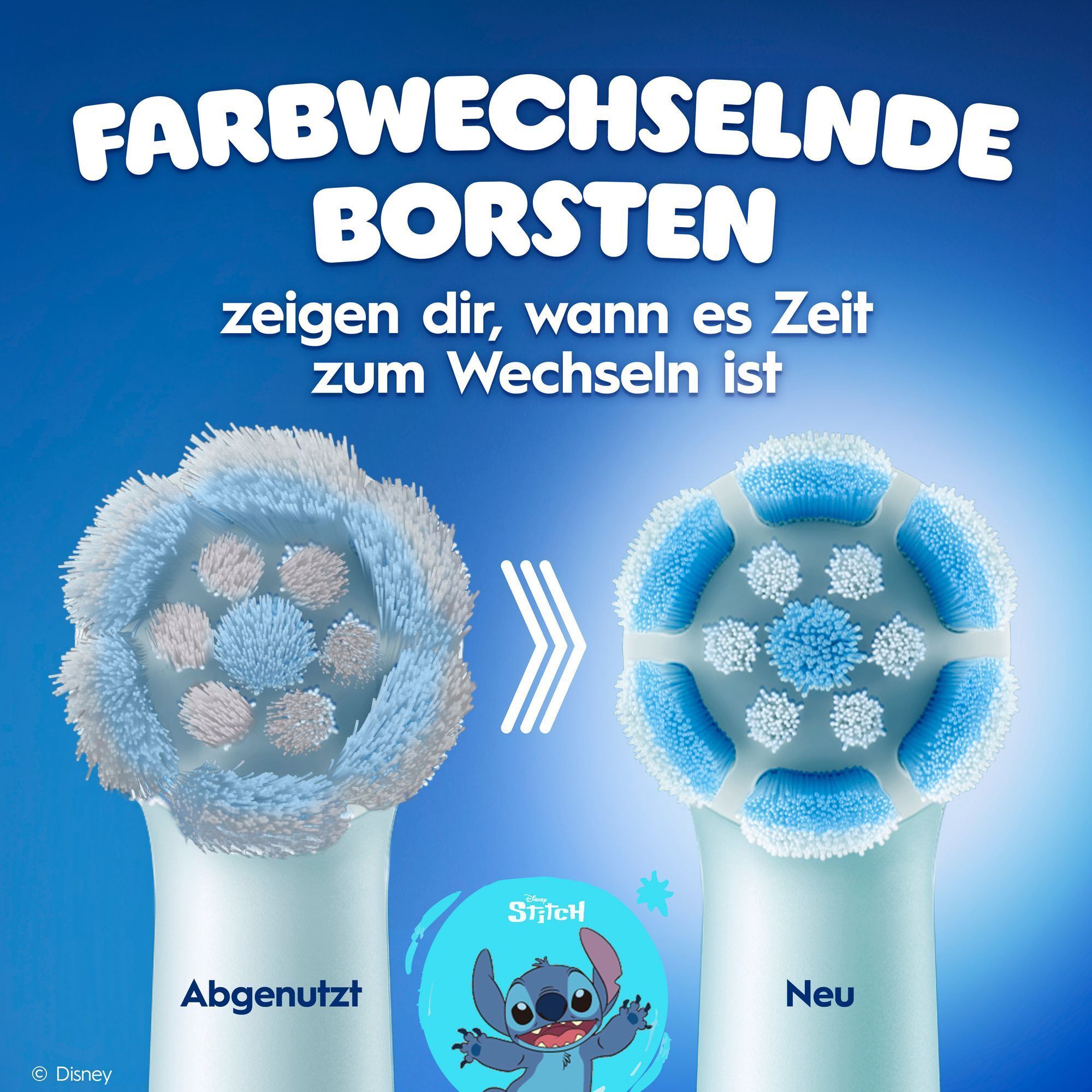 Vergleich von einer abgenutzen iO AufsteckbÃ¼rste ggÃ¼. einer neuen AufsteckbÃ¼rste. Die Borsten verblassen von blau zu weiÃ.