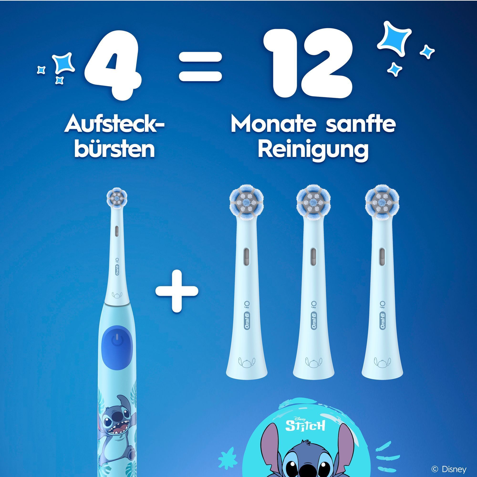 ZahnbÃ¼rste + BÃ¼rstenkopf und 3 AufsteckbÃ¼rsten daneben, zeigt, dass 4 BÃ¼rstenkÃ¶pfe =12 Monate sanfte Reinigung sorgen.Stitch in der Ecke des Bildes