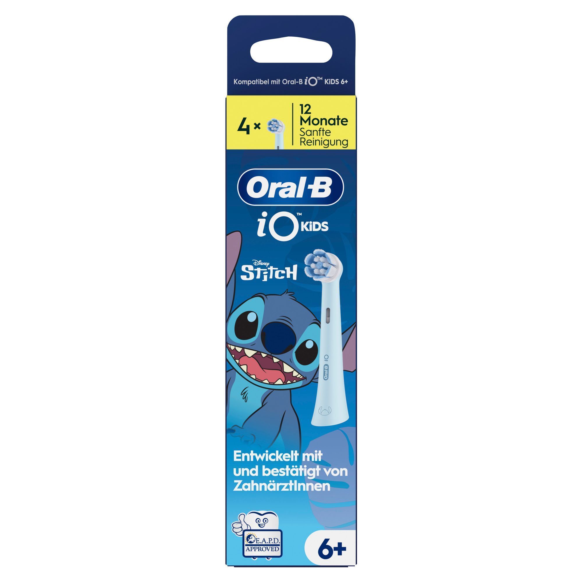 Oral-B iO Kids Aufsteckbürsten mit Stitch-Motiv, 4 Stück, für 12 Monate sanfte Reinigung, von Zahnärzten entwickelt und bestätigt.;