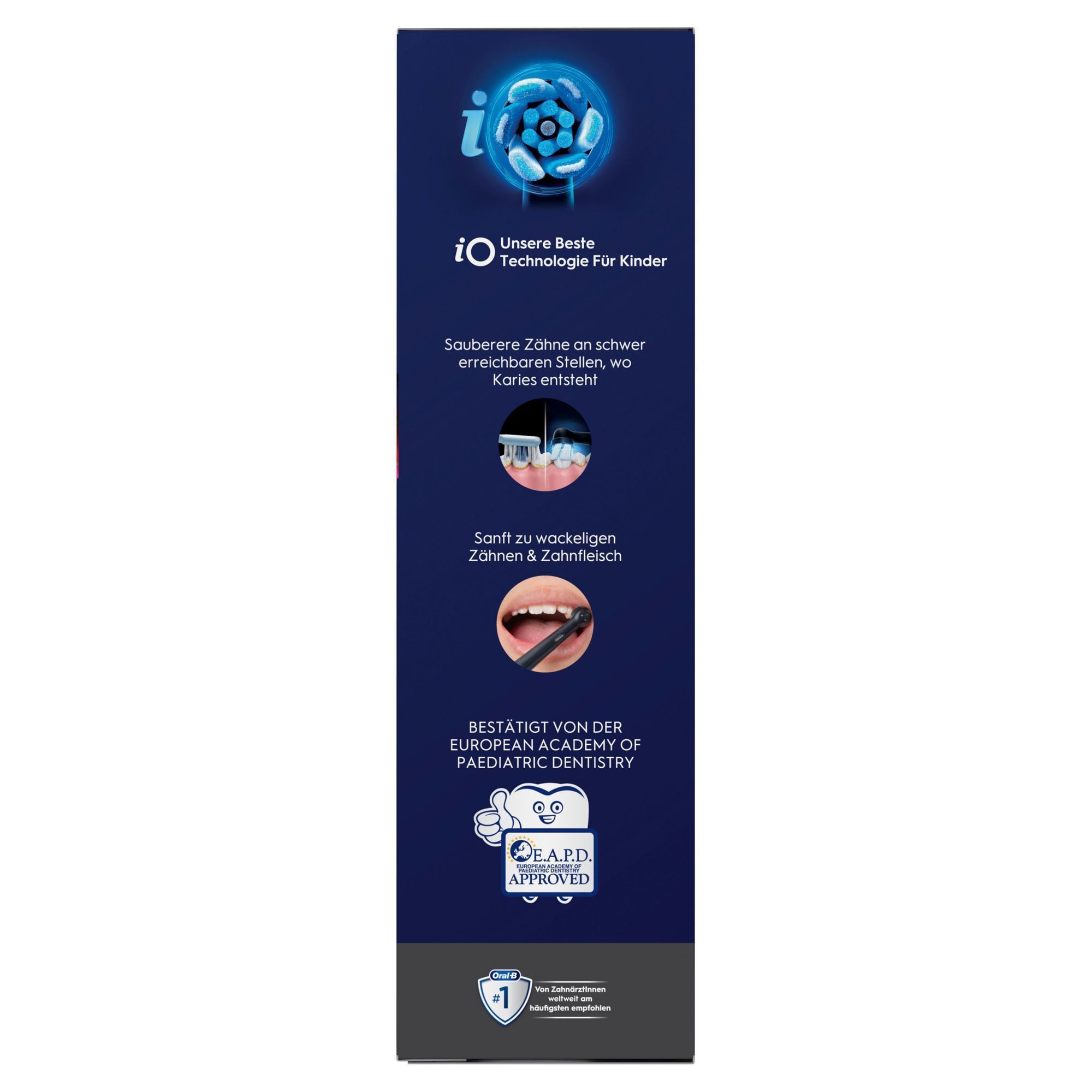 Oral-B iO Verpackung mit dem Hinweis "Unsere Beste Technologie Für Kinder" und der E.A.P.D. Empfehlung.