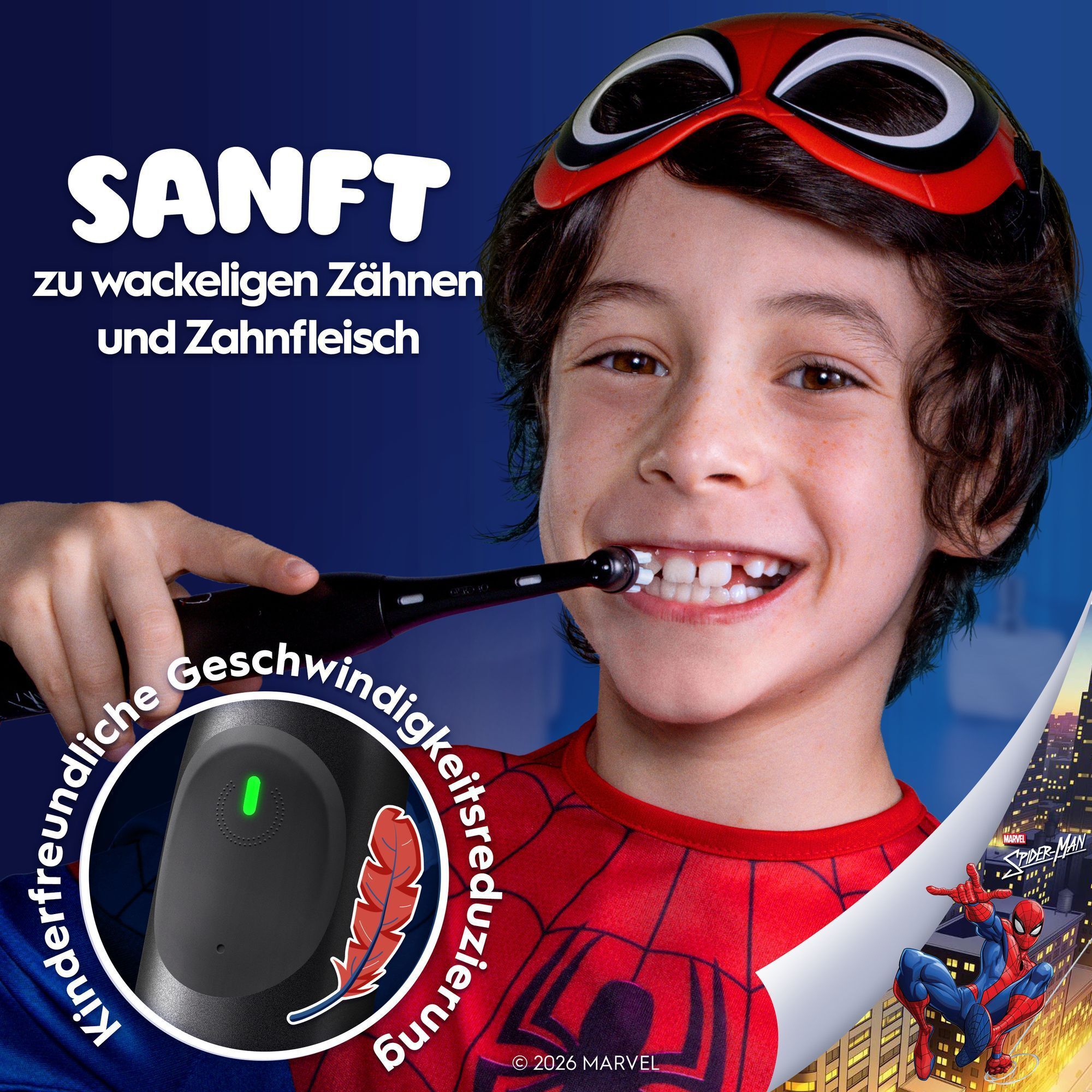 Lachendes Kind benutzt die Oral-B iO Kids 6+. Text: Sanft zu wackeligen Zähnen & Zahnfleisch