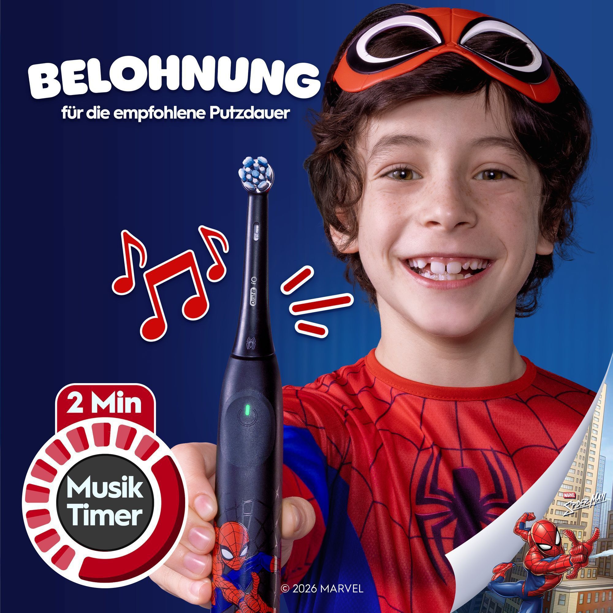 Lachendes Kind hält die Oral-B iO Kids 6+. Musiknoten demonstrieren den 2-Minuten Musik-Timer.