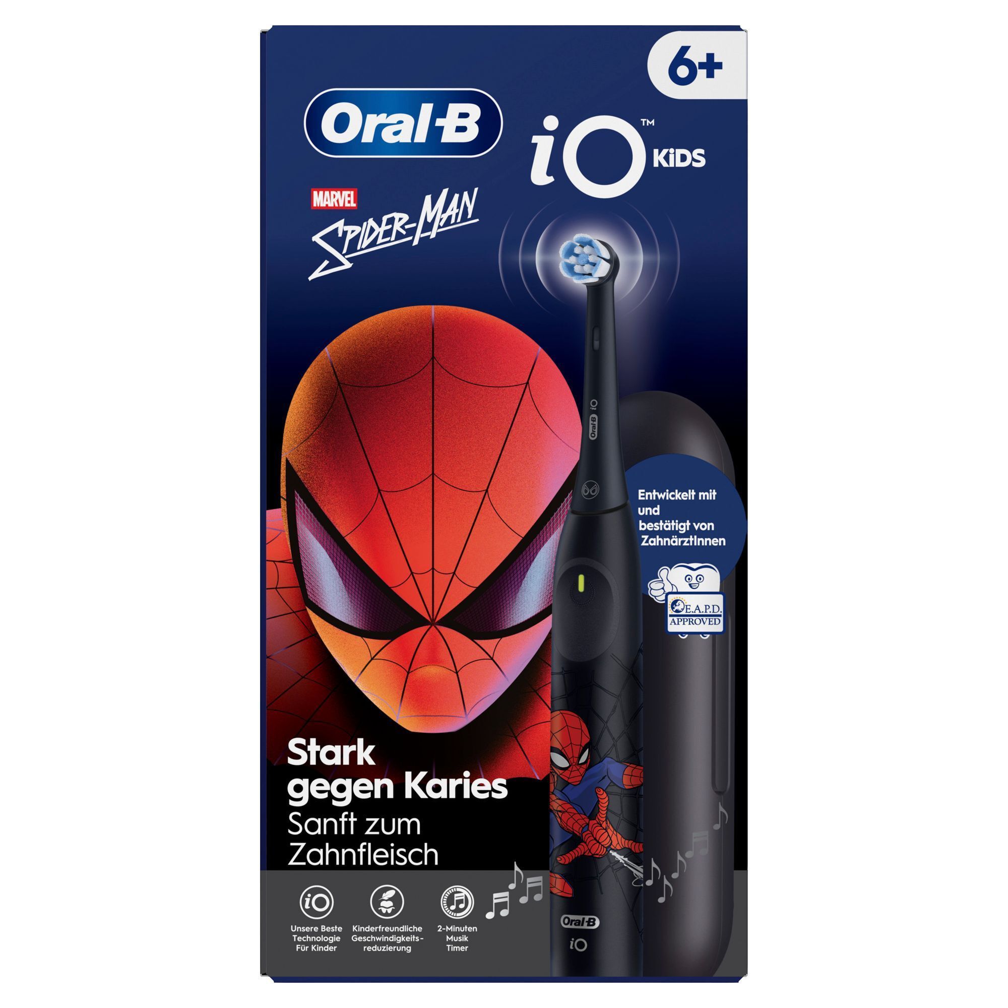 Oral-B iO Kids Marvel Spider-Man Zahnbürste, beworben mit "Stark gegen Karies, Sanft zum Zahnfleisch".