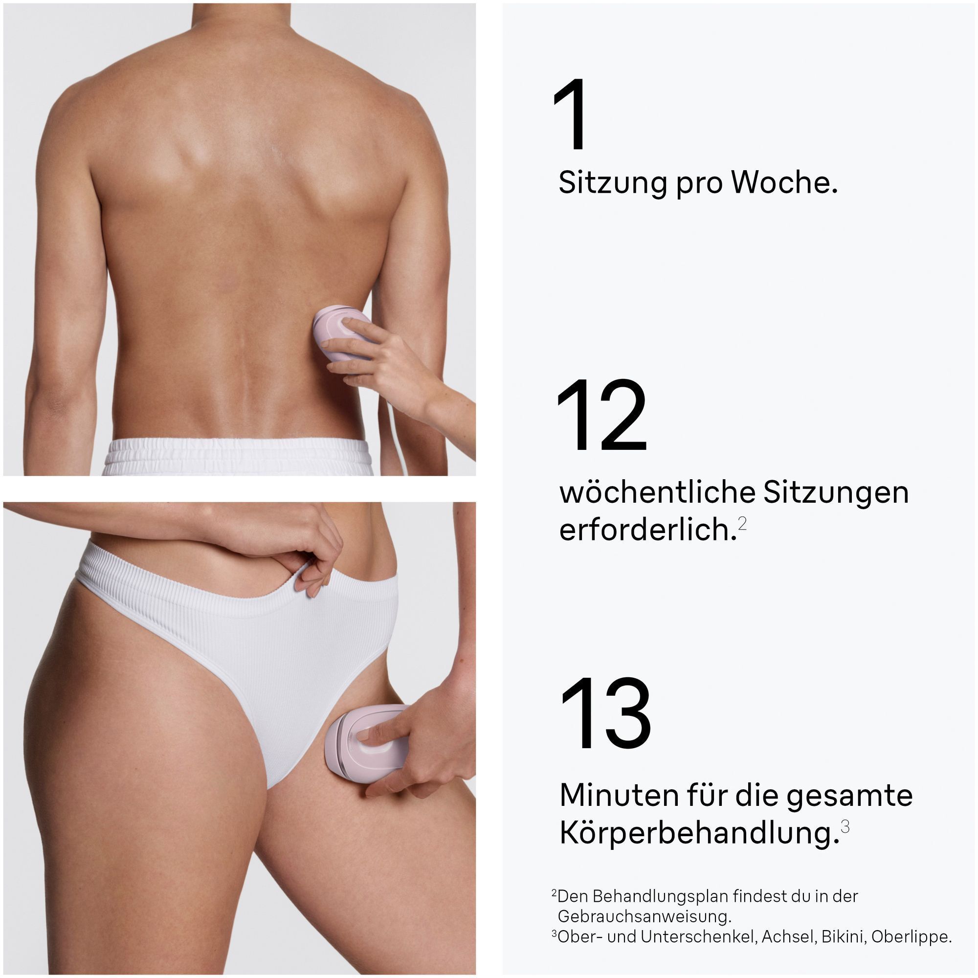 1. Ein Mann, der Braun Silk·expert Mini auf seinem Rücken verwendet.  2. Eine Frau, die Braun Silk·expert Mini im Intimbereich verwendet.
