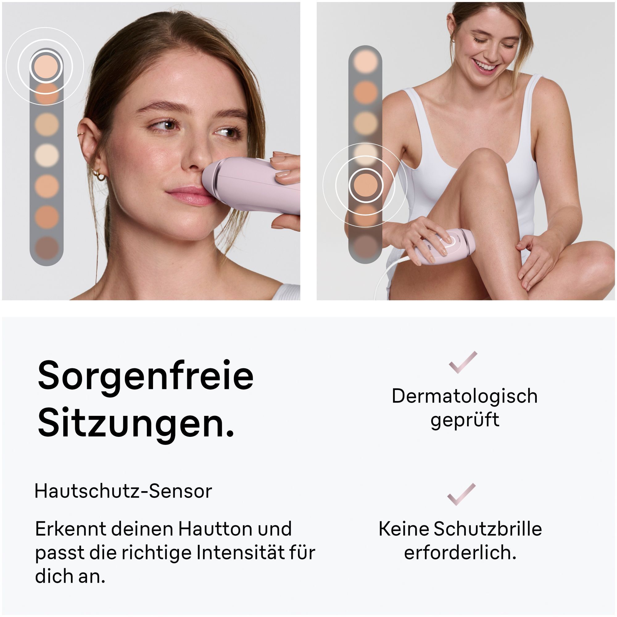 Zwei Anwendungsbilder einer Frau, die den Braun Silk·expert Mini an ihrer Oberlippe und am Unterschenkel verwendet, mit der Grafik des SkinProtect Sensors.