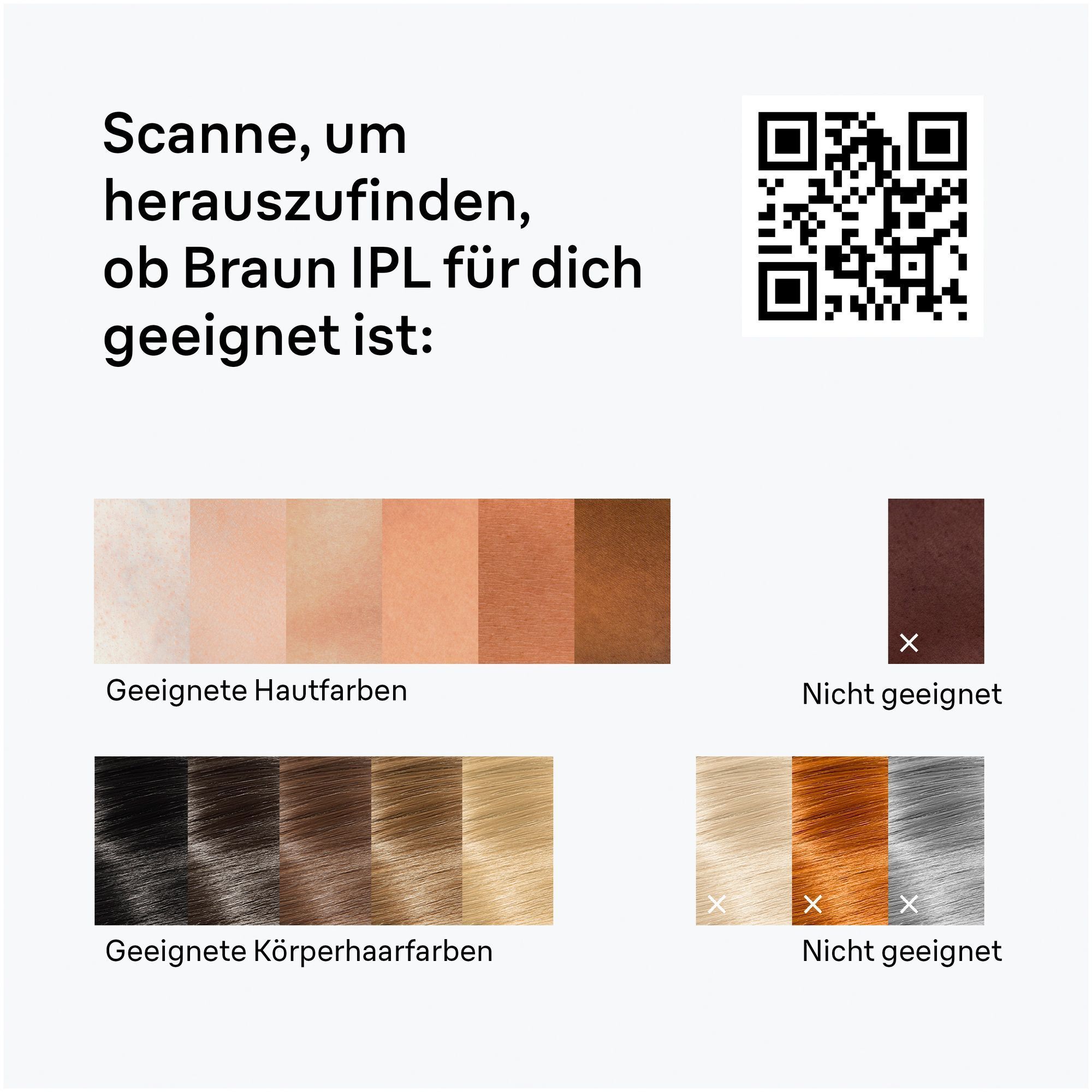 Übersicht über geeignete und ungeeignete Haut- und Haarfarben für den Braun Silk·expert Mini. QR-Code.