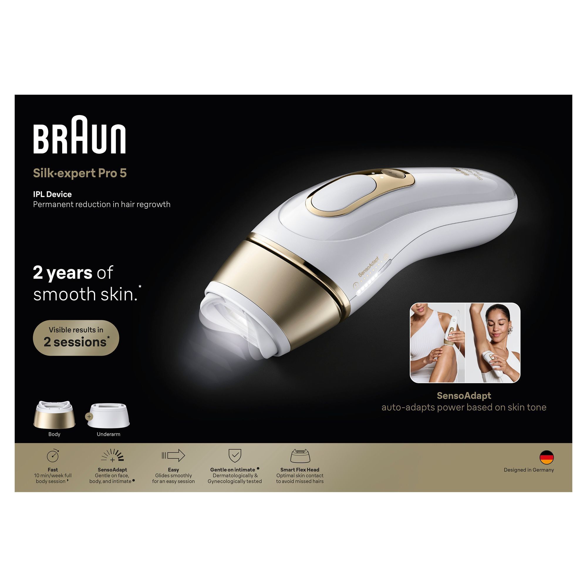 Braun Silk-expert Pro 5 IPL-Gerät, bewirbt 2 Jahre glatte Haut & Ergebnisse in 2 Sitzungen.